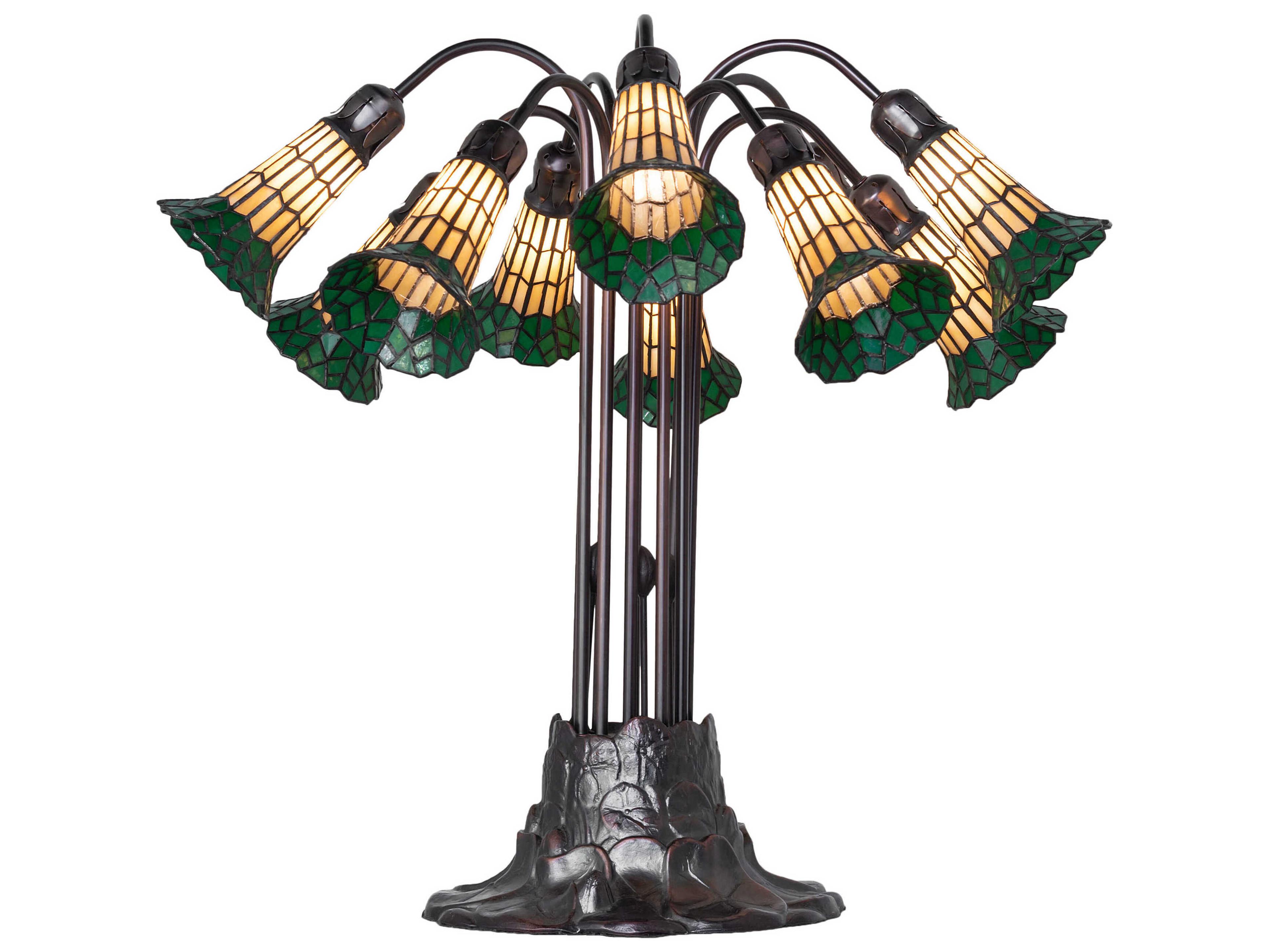 Meyda Stained Glass Pond Lily 10 - Light Mahogany Bronze Tiffany Table Lamp with Green Shade