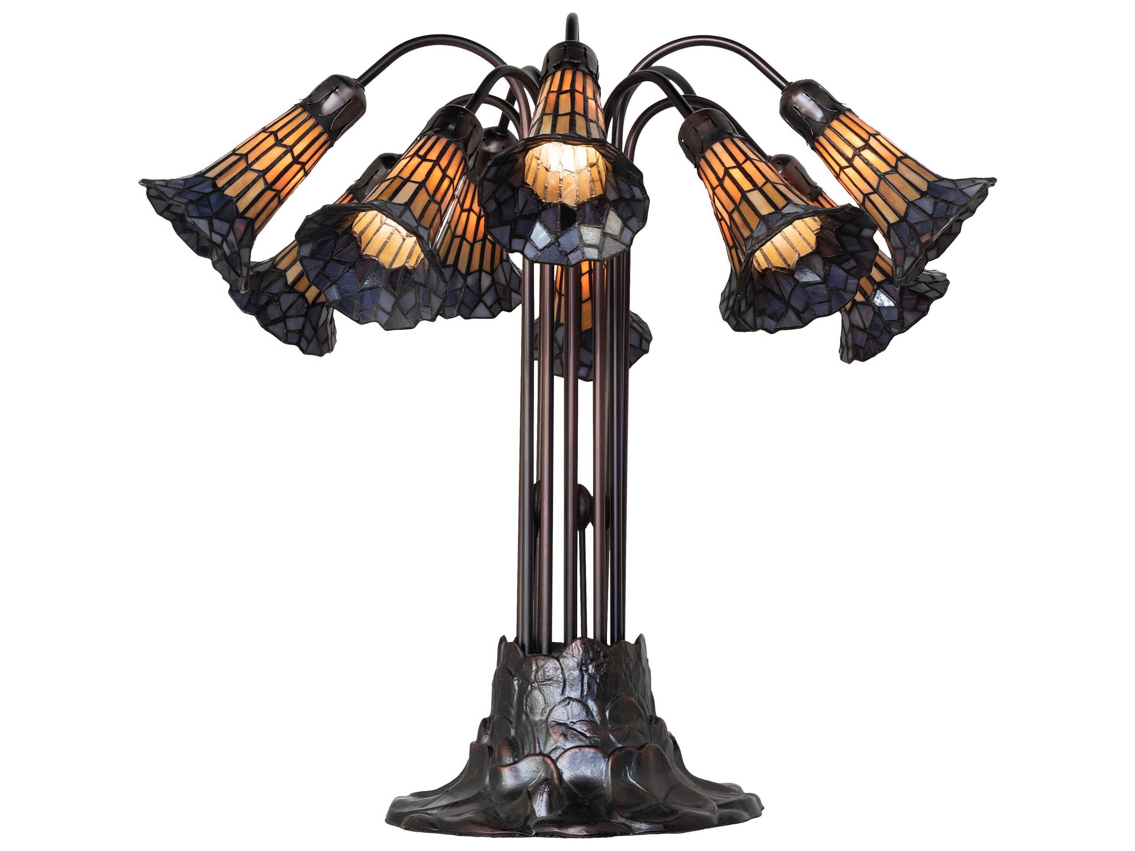 Meyda Stained Glass Pond Lily 10 - Light Mahogany Bronze Amber Violet Tiffany Table Lamp with Shade