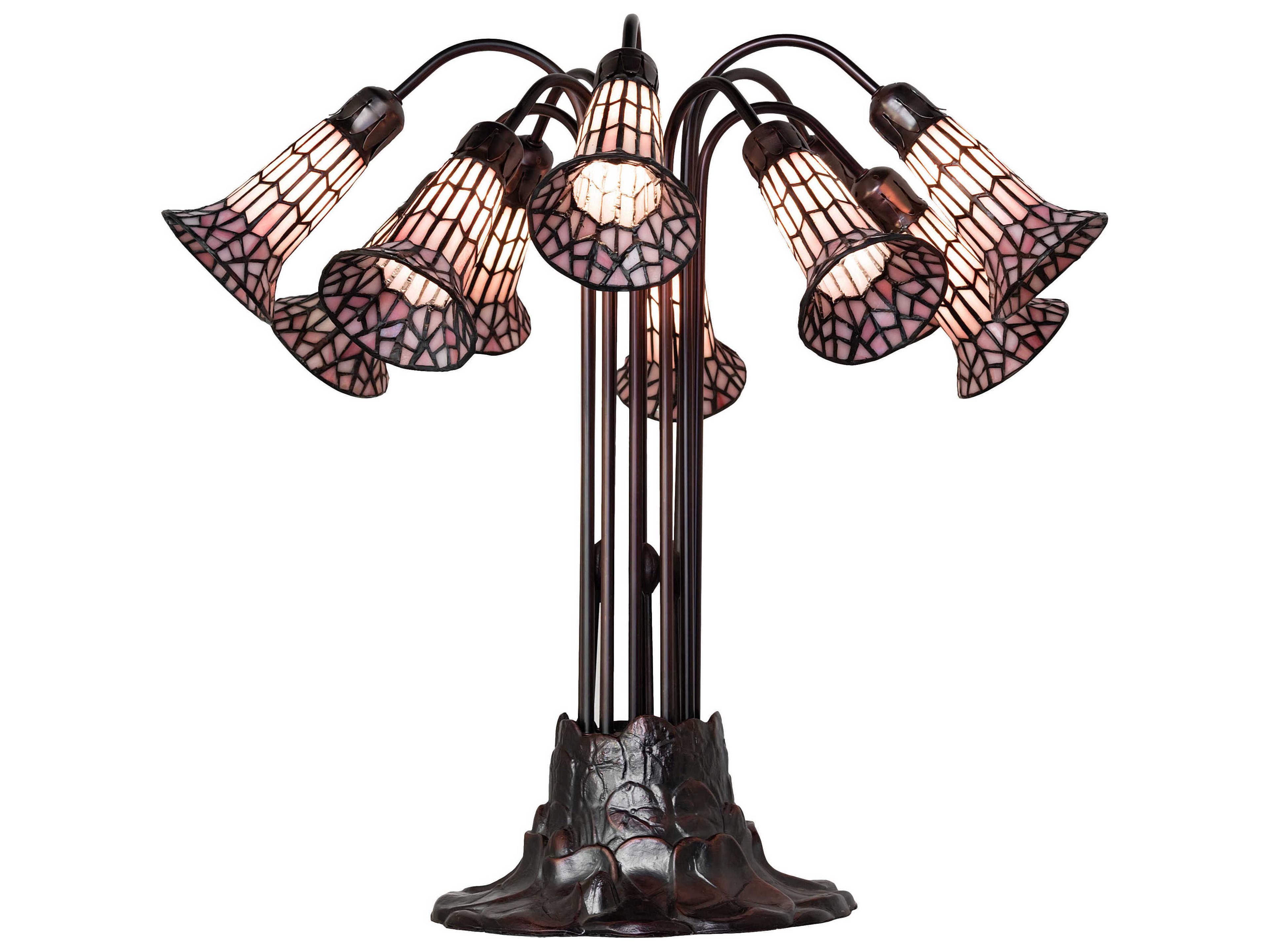 Meyda Stained Glass Pond Lily 10 - Light Mahogany Bronze Pink Tiffany Table Lamp with Shade