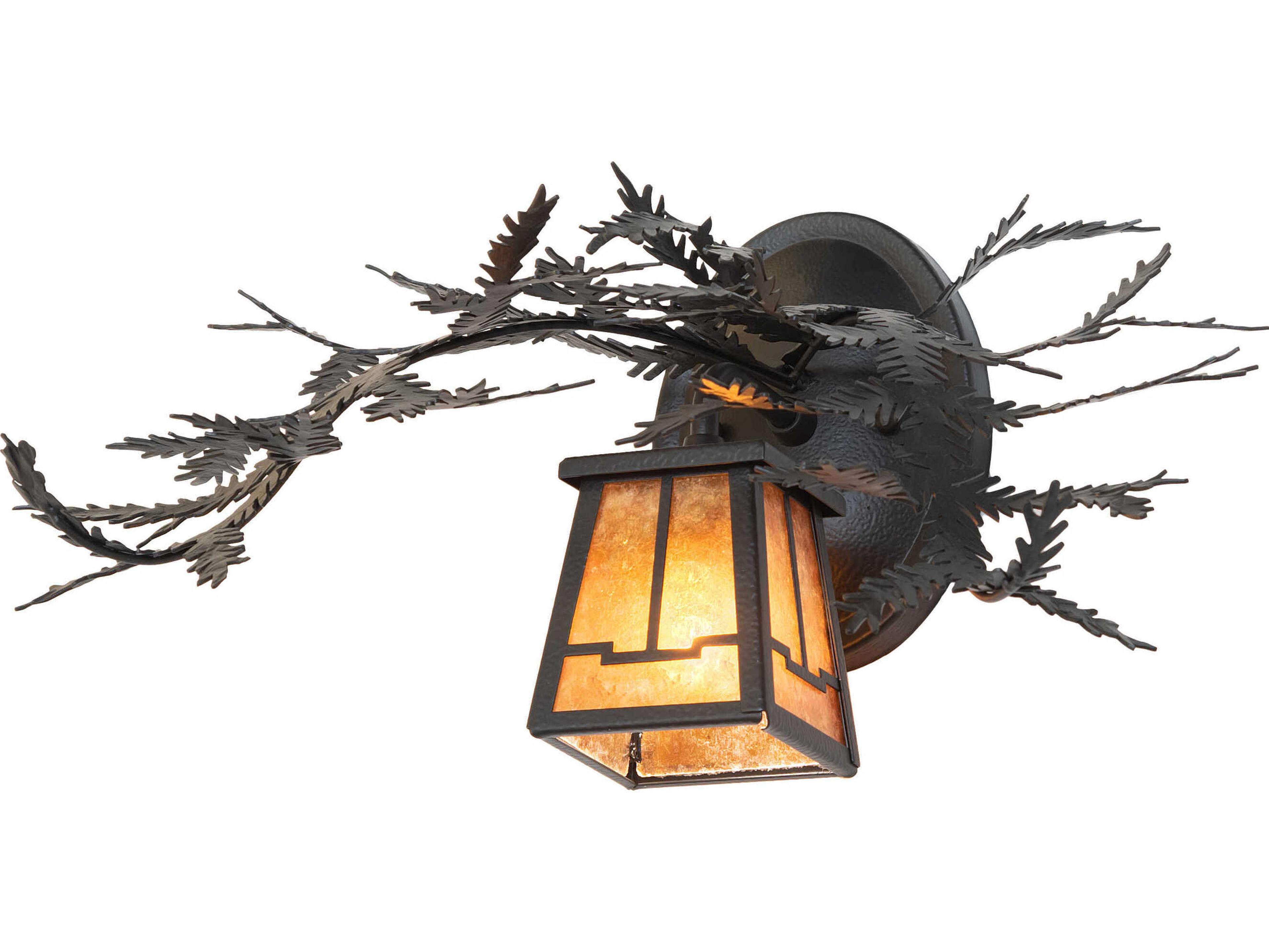 Meyda Pine Branch Valley View 1-Light Black Satin Wrought Iron Glass Wall Sconce