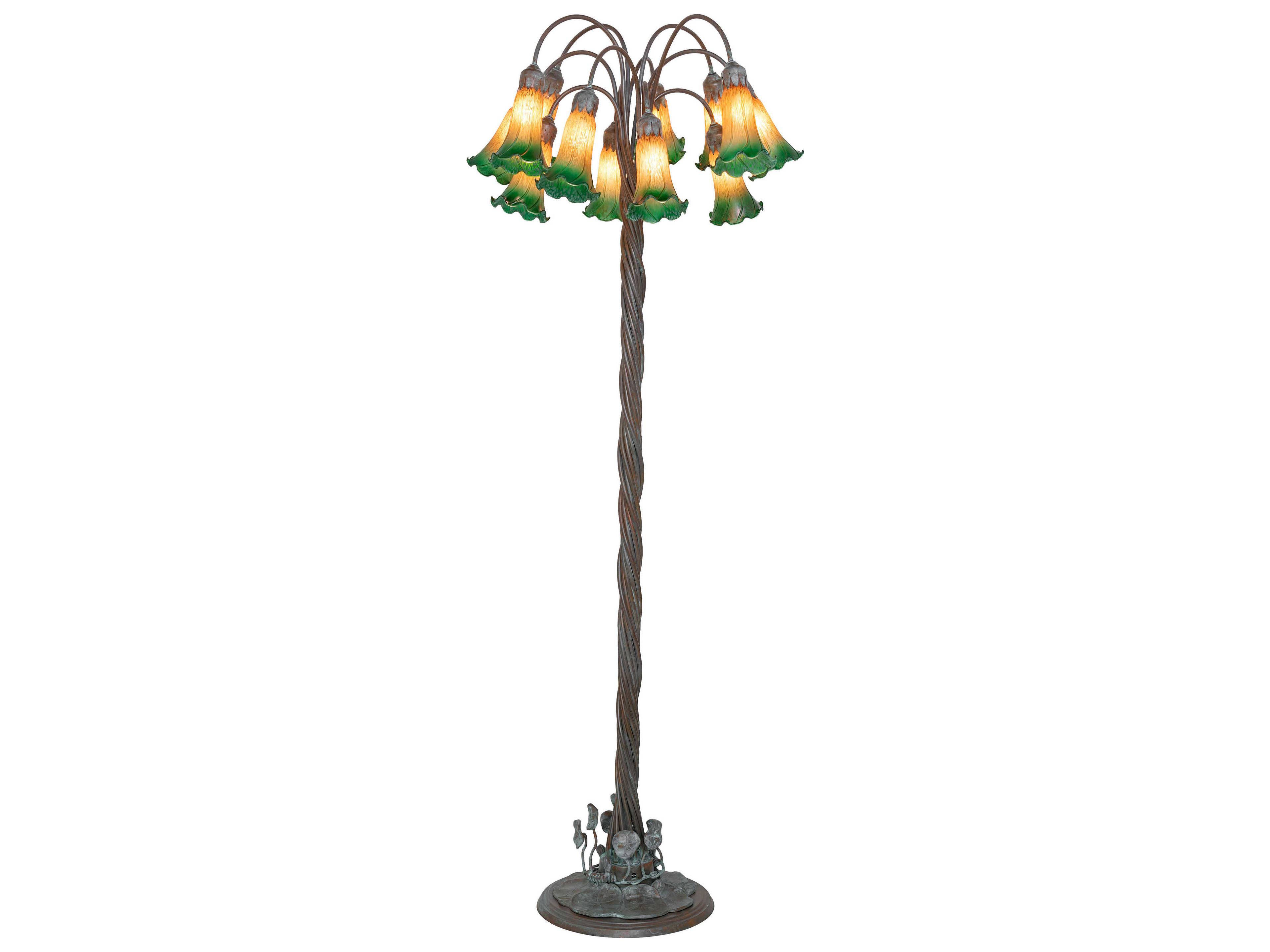 Meyda Pond Lily Bronze Amber Green Glass Floor Lamp with Shade