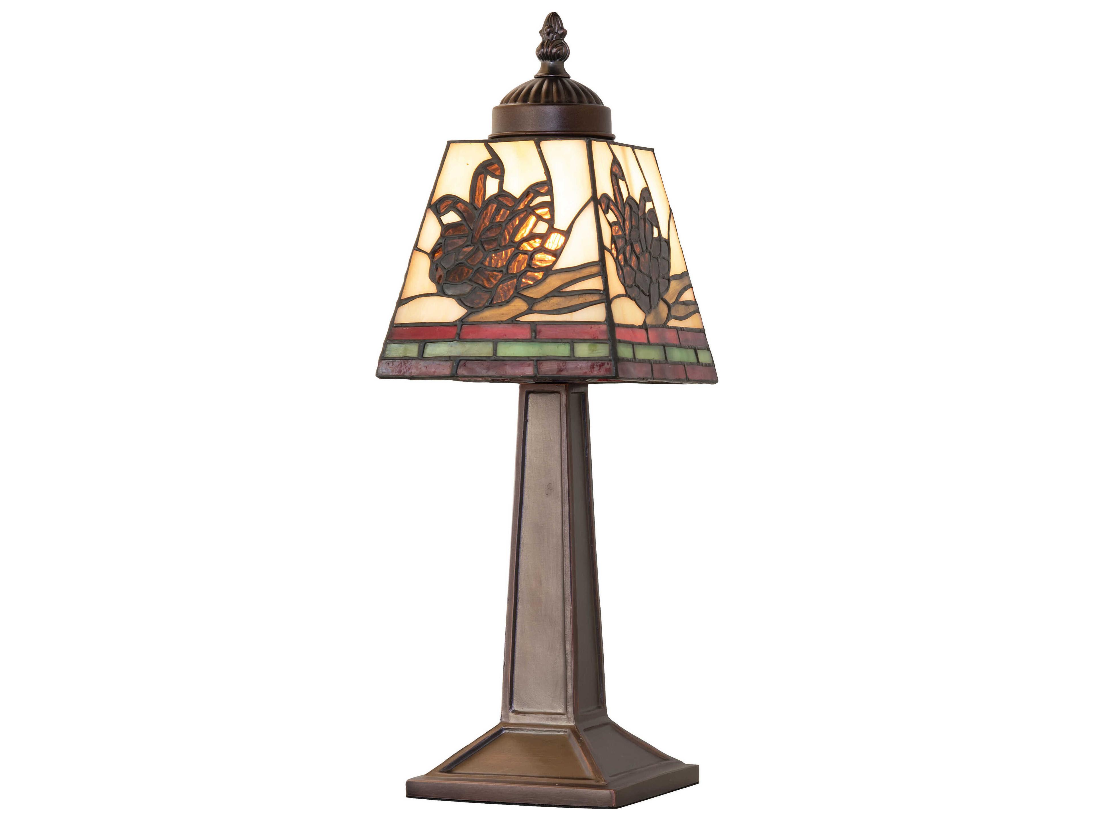 Meyda Pine Branch Mahogany Bronze Ruby Amber Green Beige Glass Table Lamp