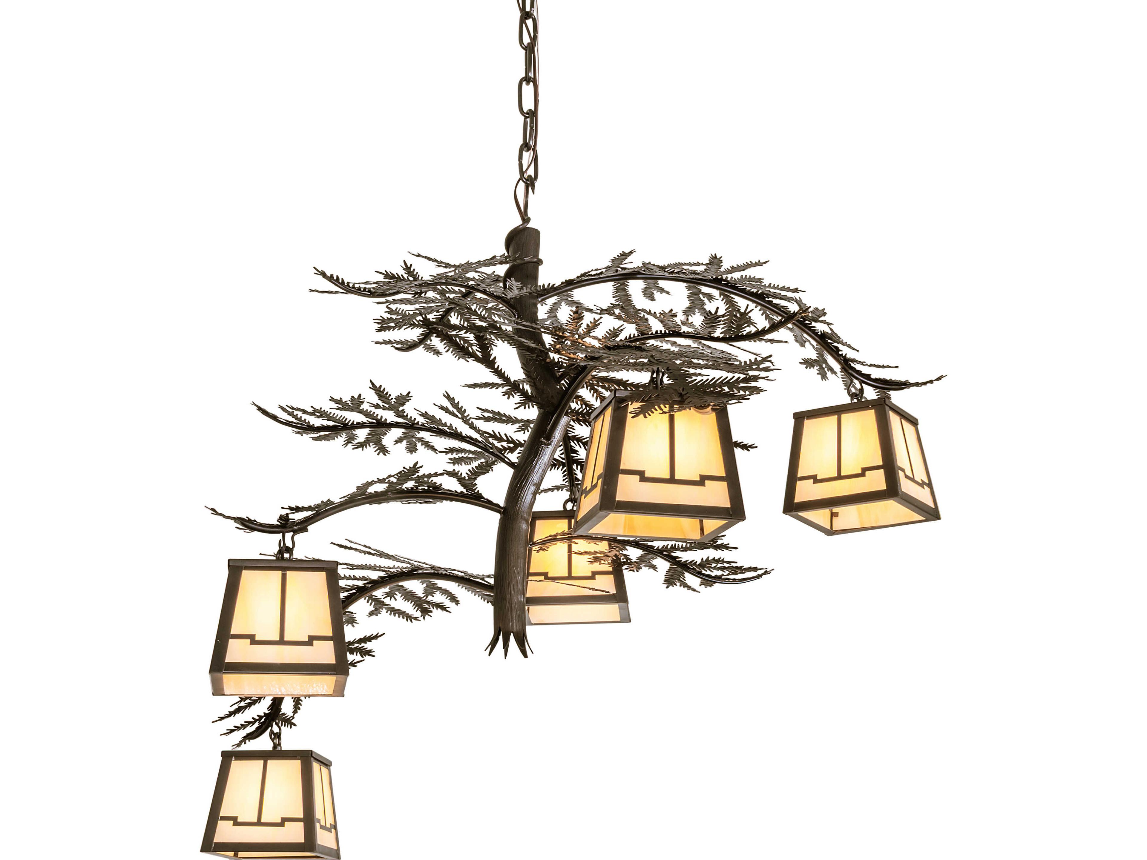 Meyda Pine Branch 5-Light Beige Art Glass Brown Geometric Chandelier