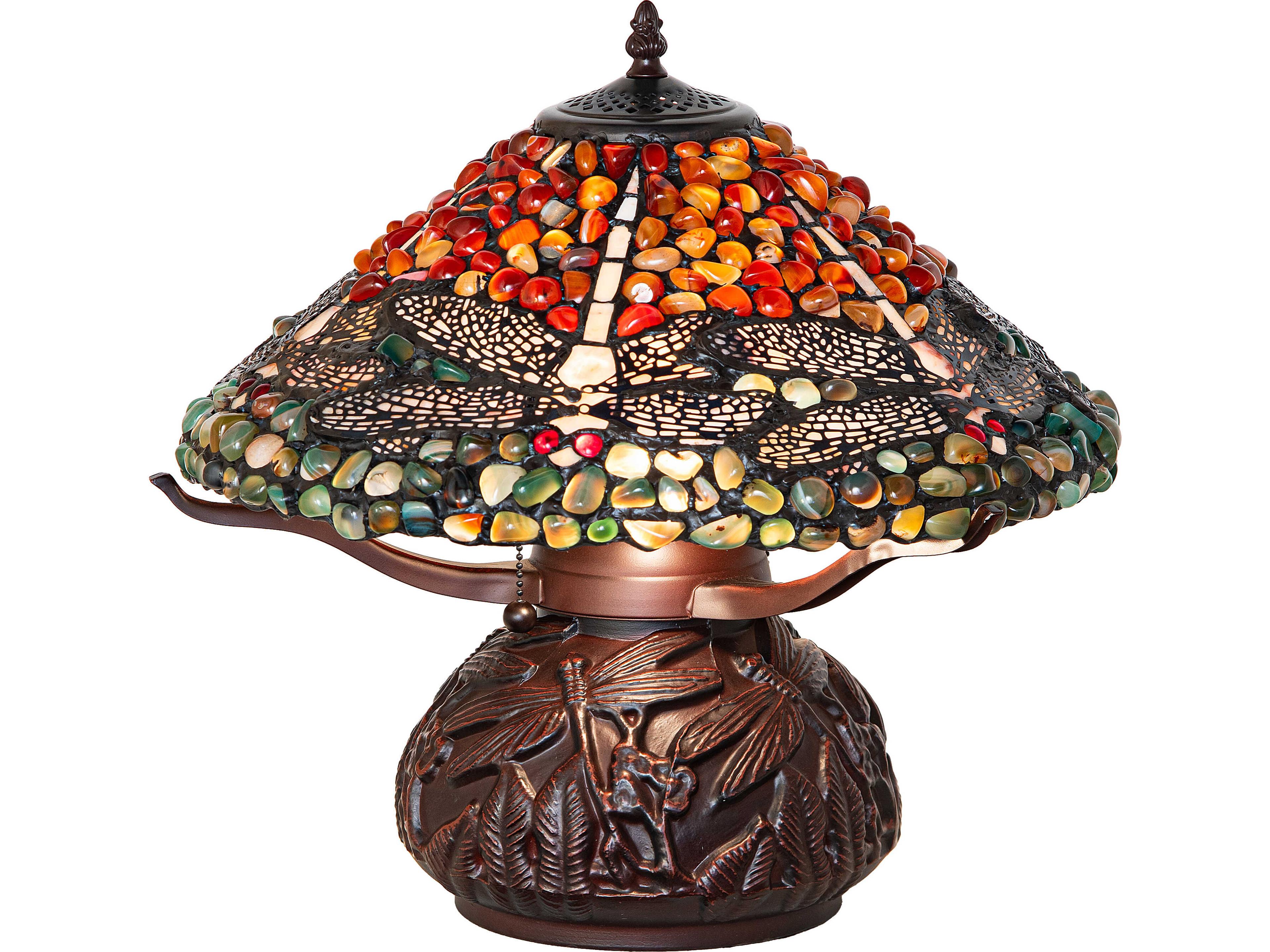 Meyda Dragonfly Coral; Amber & Green Agate Stone Bronze Traditional Table Lamp