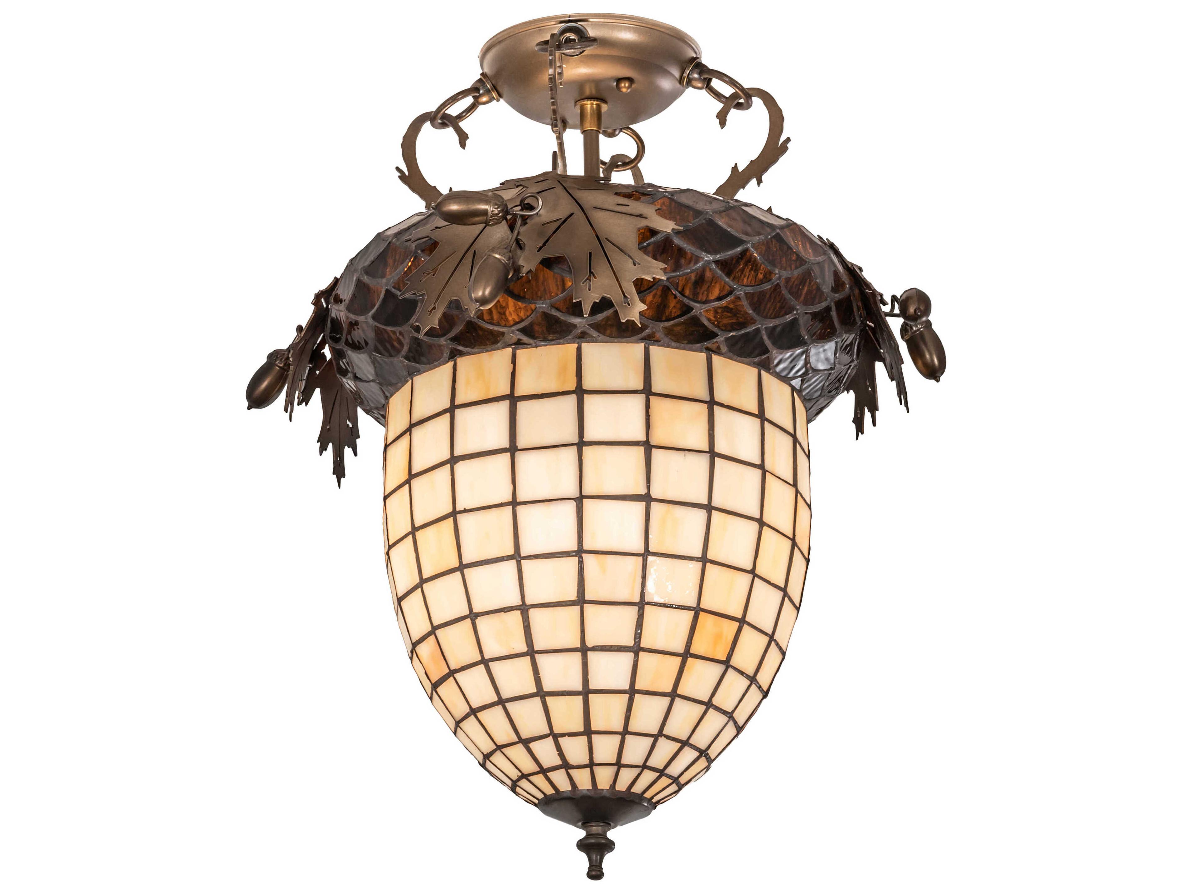 Meyda Oak Leaf & Acorn 1-Light Antique Copper Brown Glass Tiffany Bell Semi Flush Mount