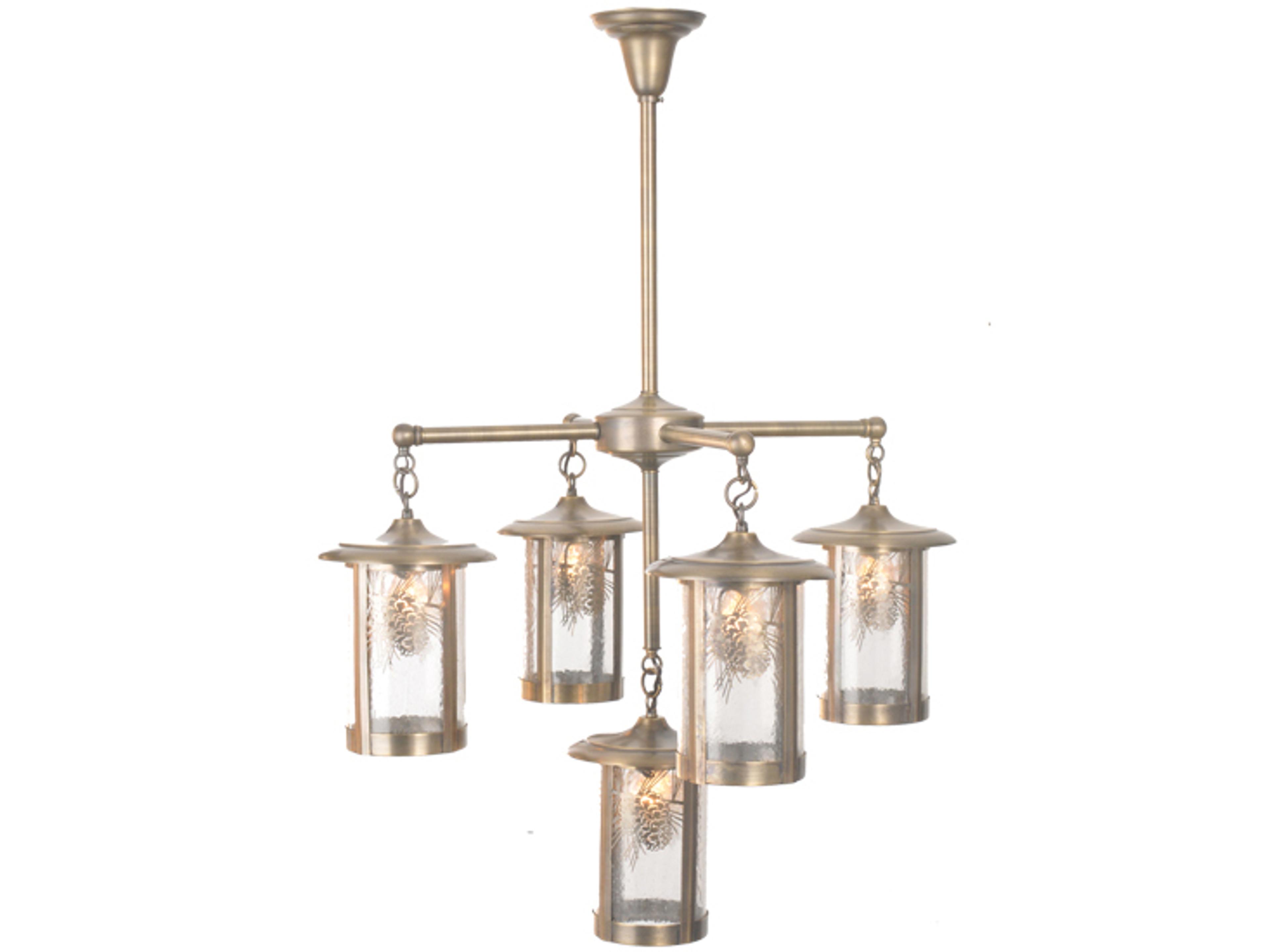 Meyda Winter Pine 5-Light Antique Brass Glass Lantern Chandelier