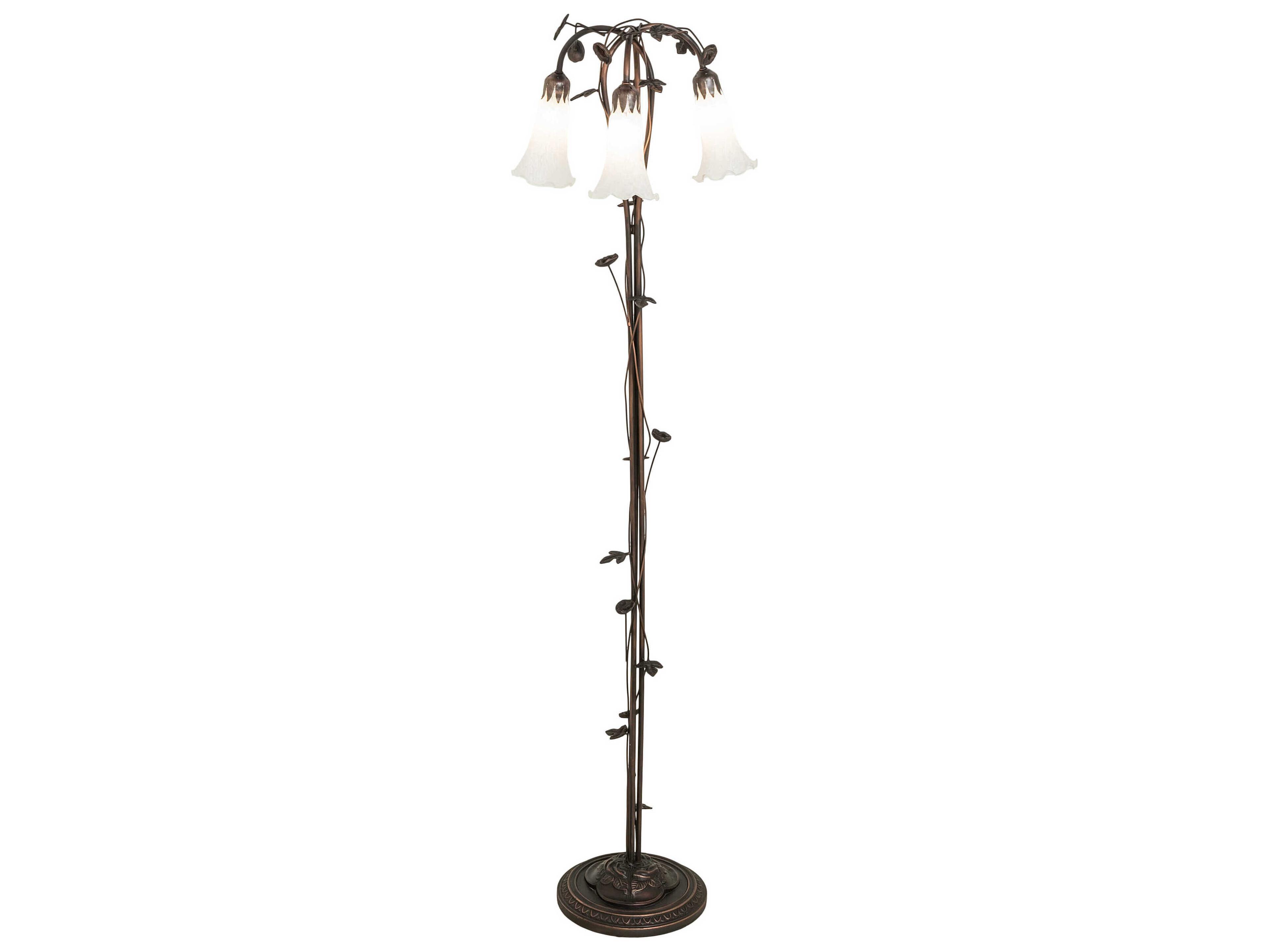 Meyda Pond Lily Mahogany Bronze Tiffany Floor Lamp with White Glass Shade