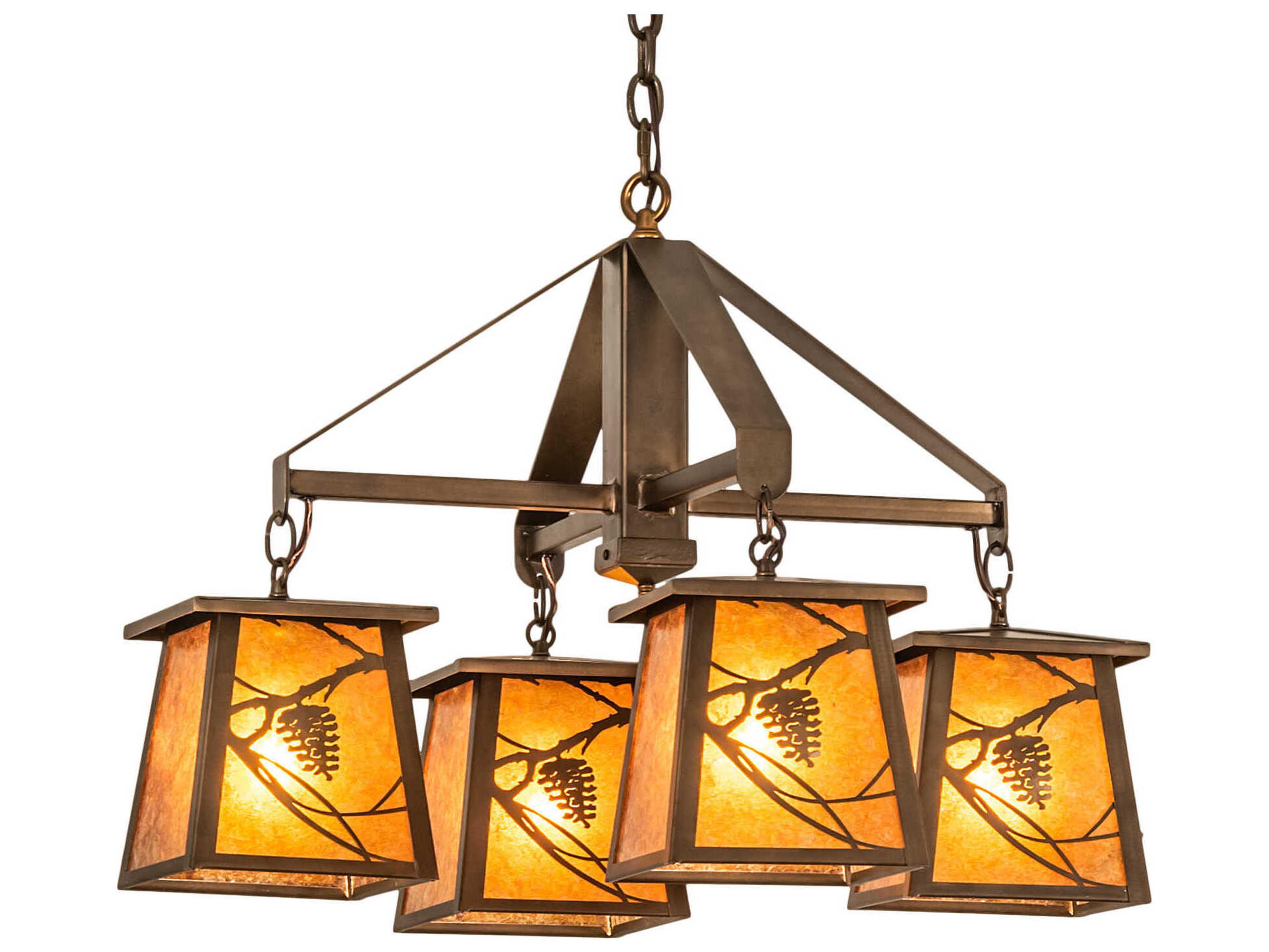 Meyda Whispering Pines 4-Light Antique Copper Glass Lantern Chandelier