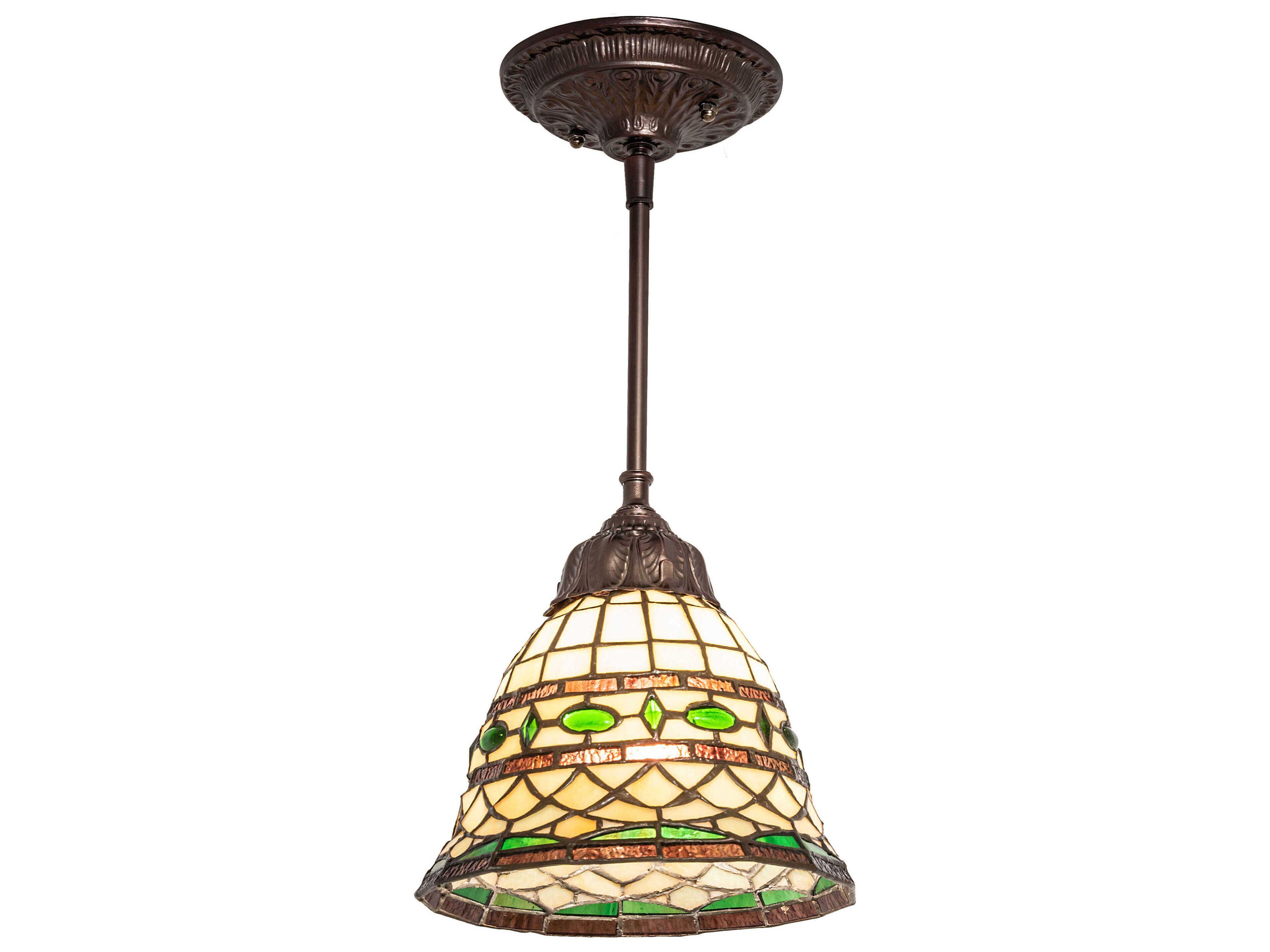 Meyda Tiffany Roman 1-Light Mahogany Bronze Glass Bell Mini Pendant