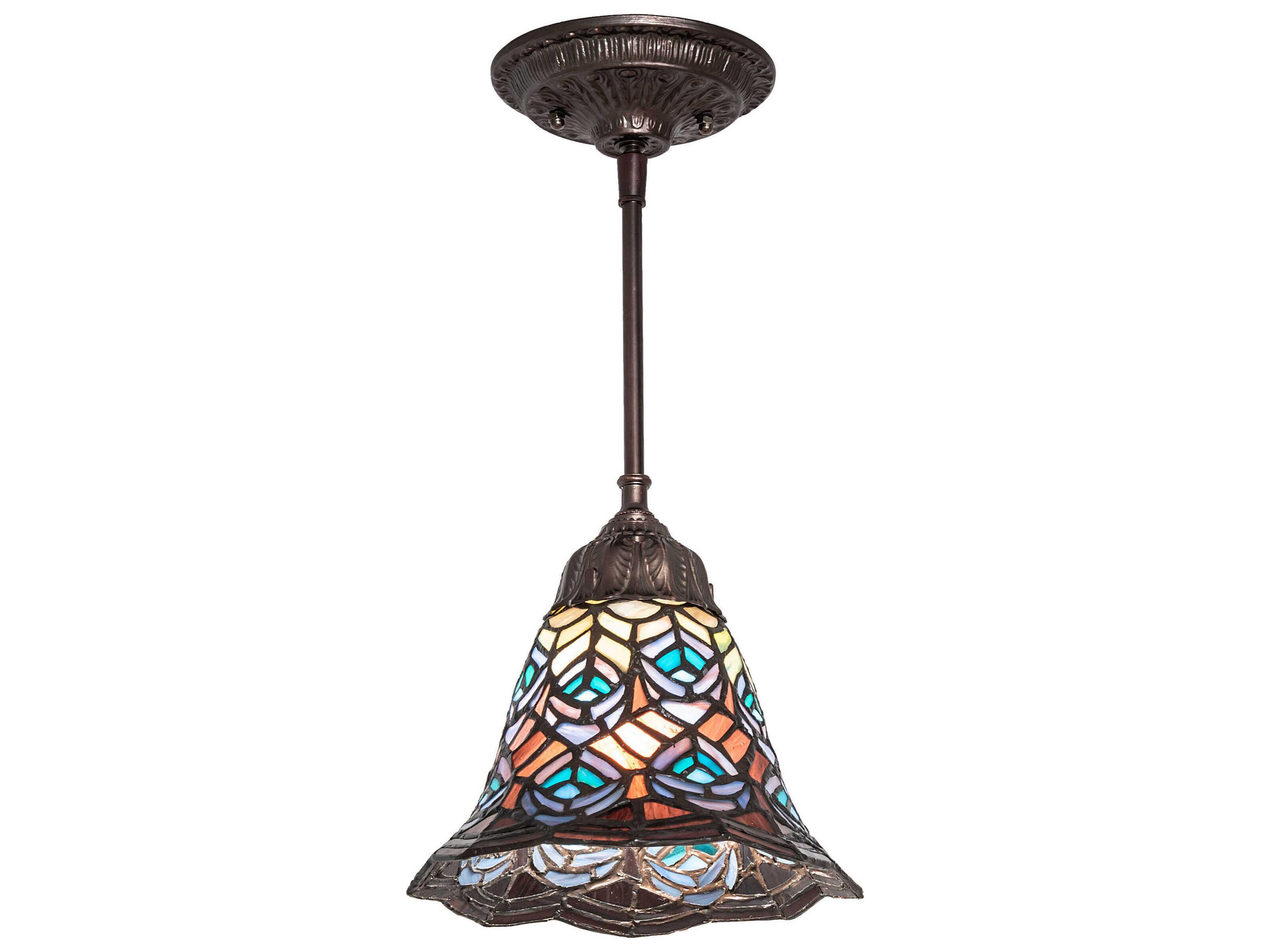 Meyda Tiffany Peacock Feather 1-Light Bronze Glass Bell Mini Pendant
