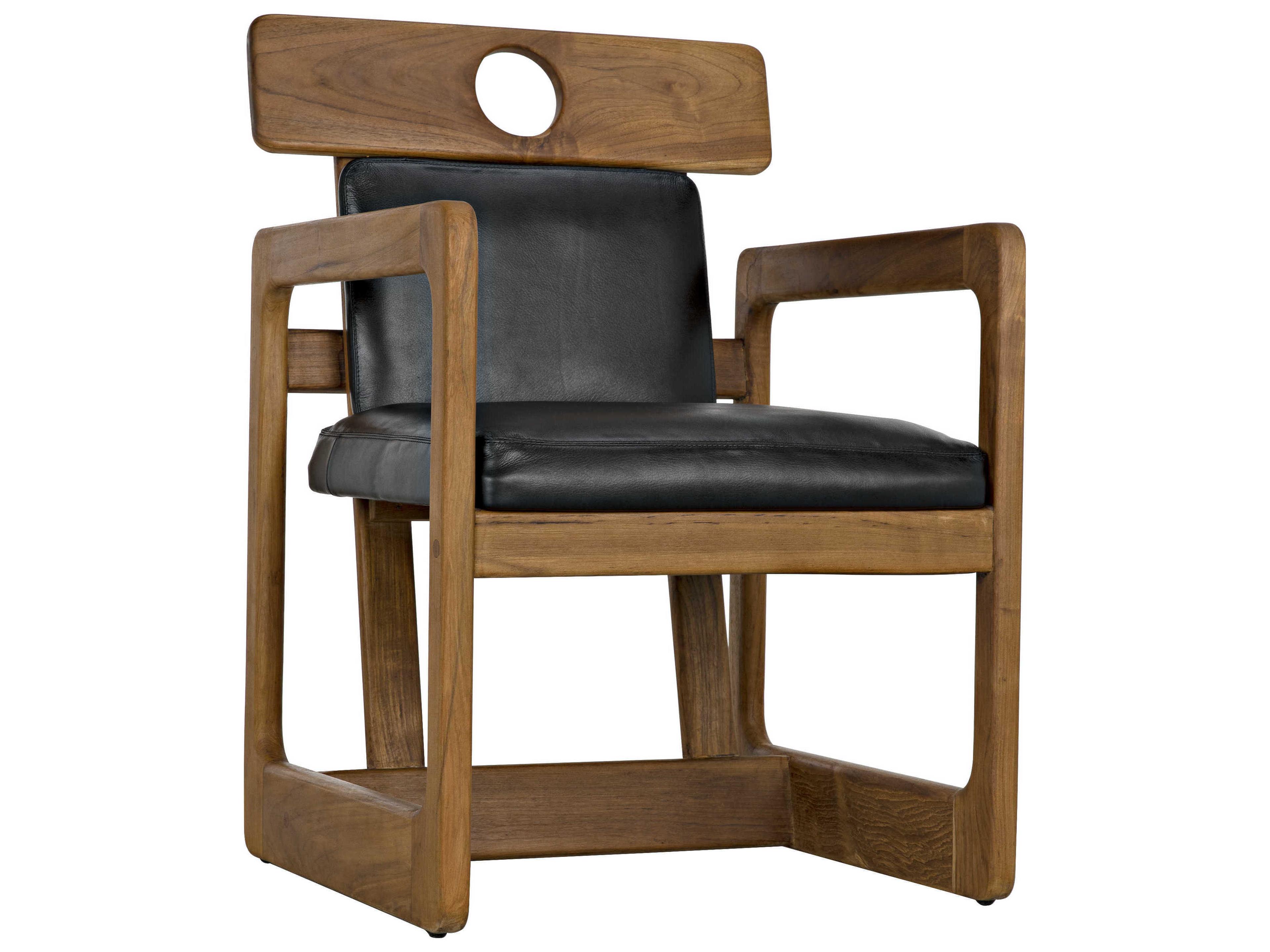 Noir Leather Teak Wood Black Upholstered Arm Dining Chair