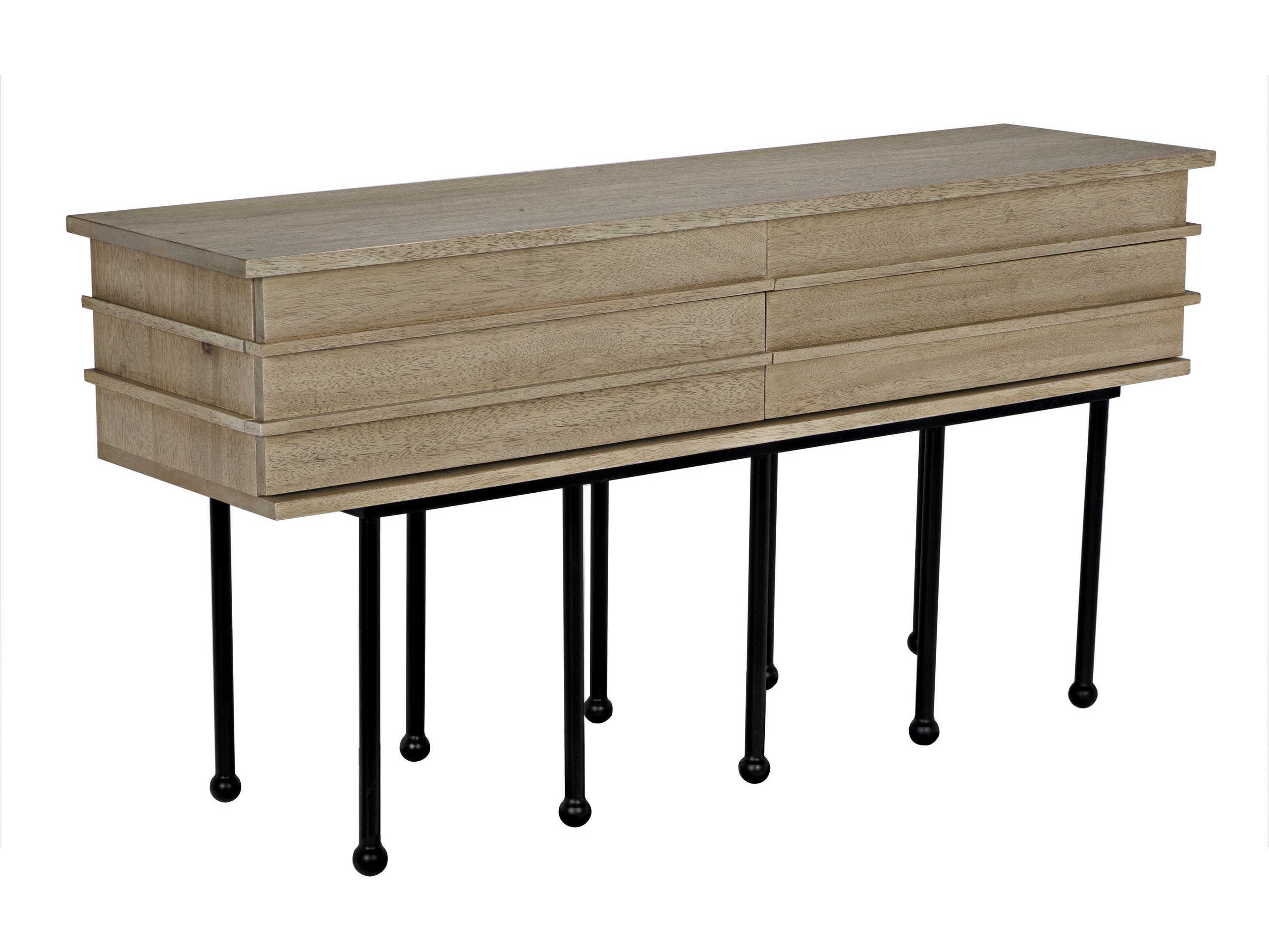 Noir Oliver Rectangular Wood Washed Walnut With Matte Black Base Console Table