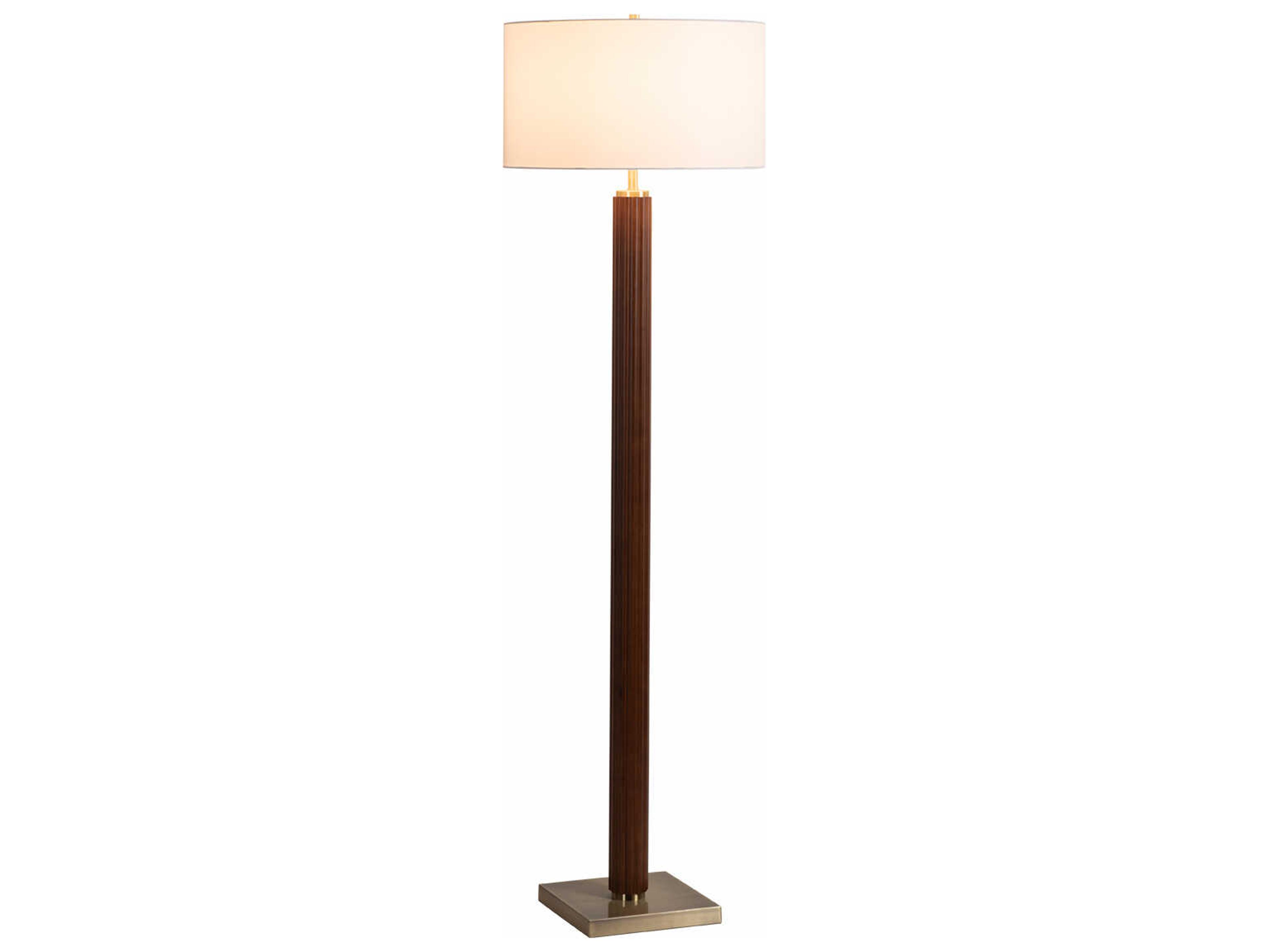 Tambo Dark Walnut Weathered Brass White Linen Floor Lamp