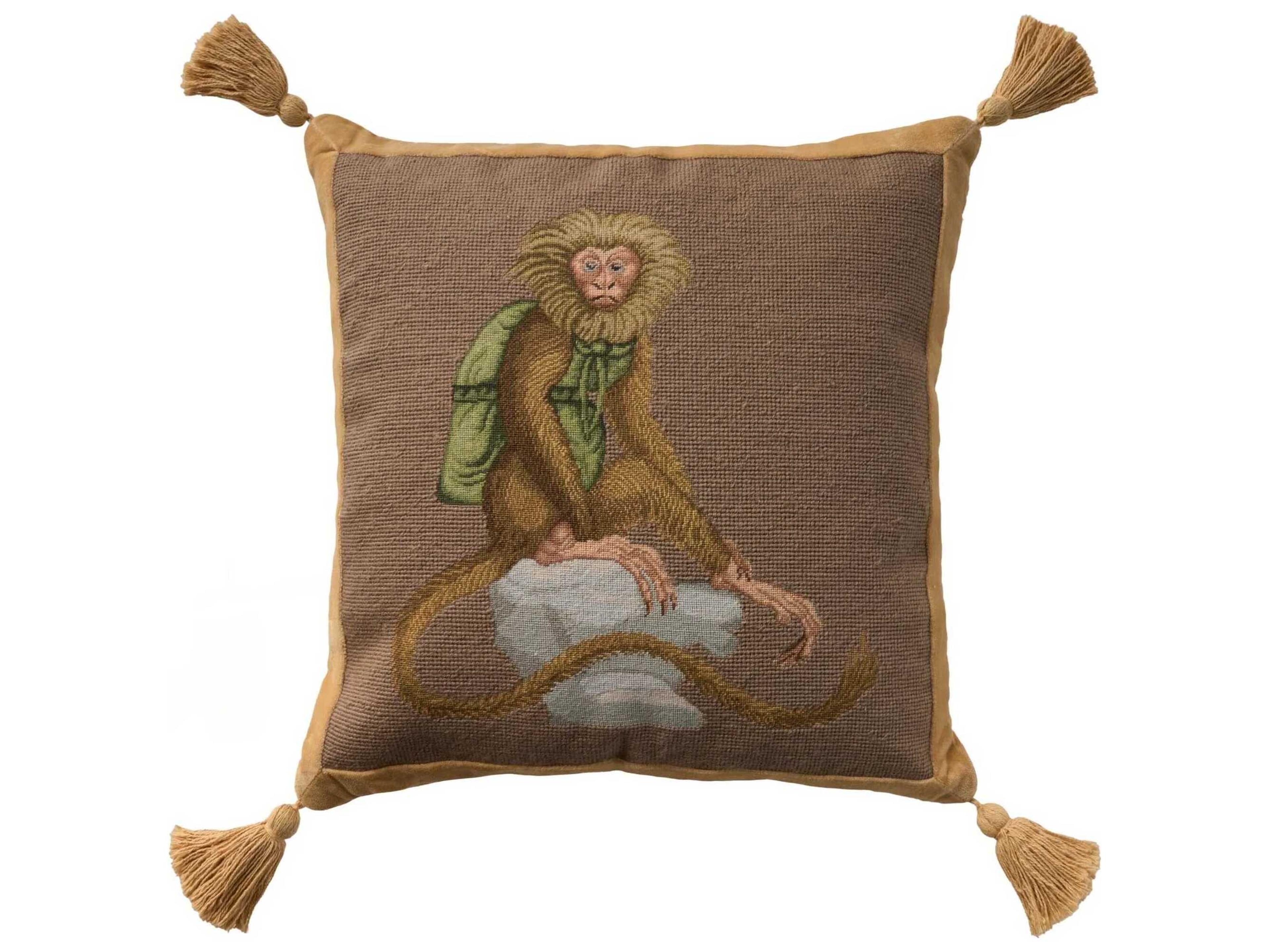 Nourison Mina Victory Vintage Monkey On Stone 19" x 19" Taupe Pillow