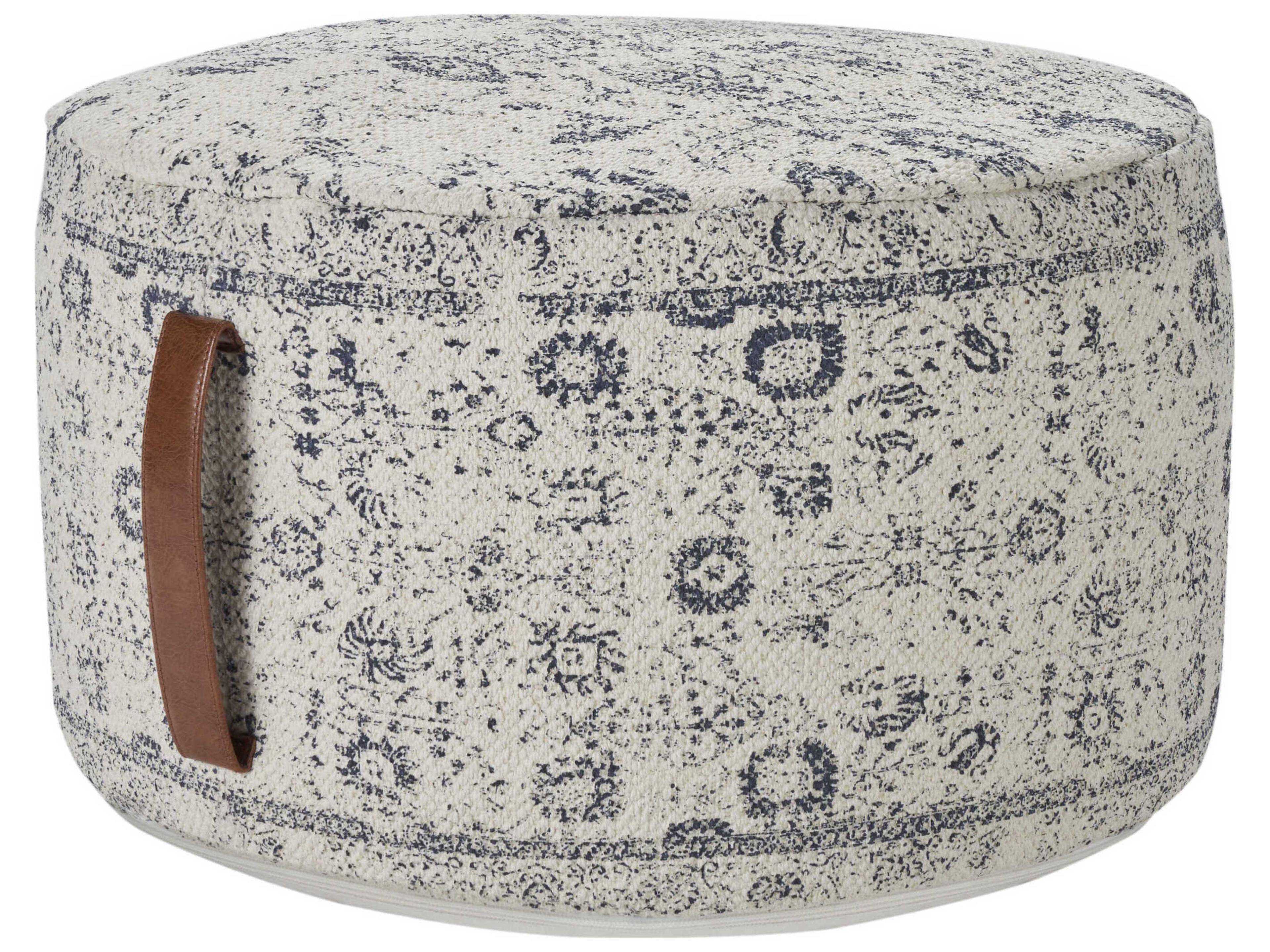 Nourison Nicole Curtis Ivory Navy Blue Upholstered Pouf