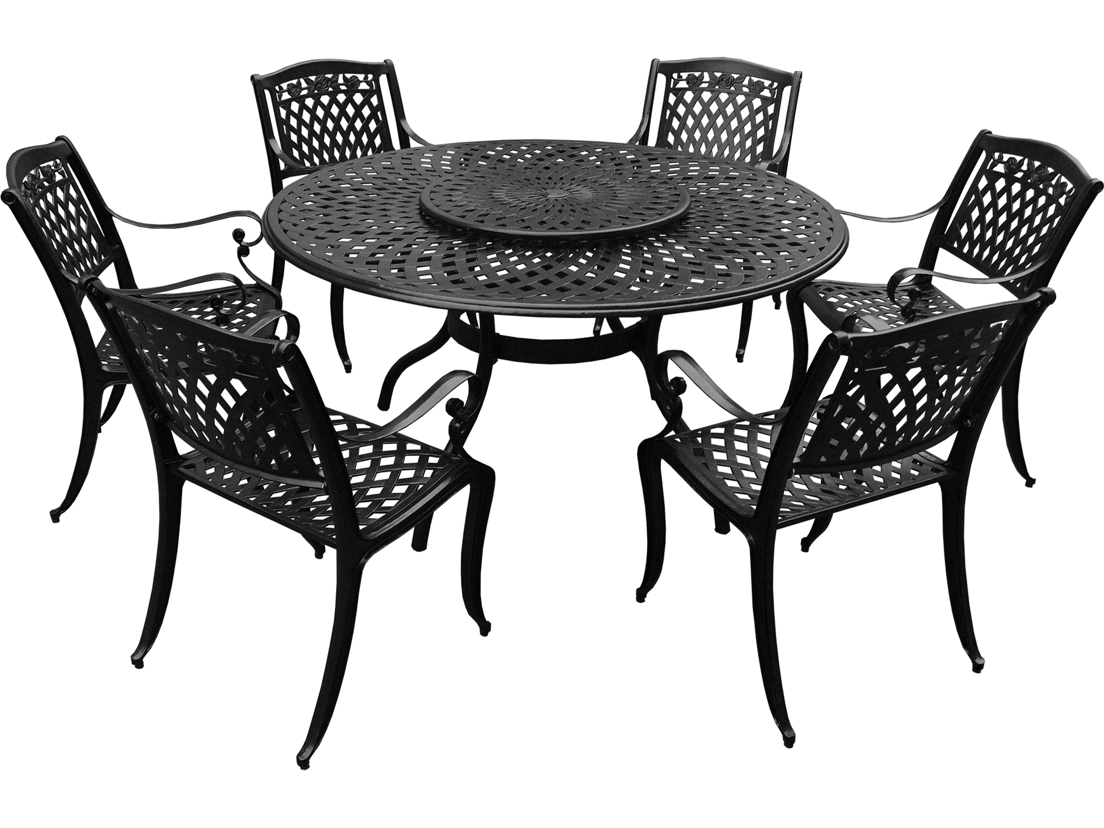 Modern Aluminum 59'' Large Black Round Outdoor Patio Dining Set with Lazy Susan and Six Chairs