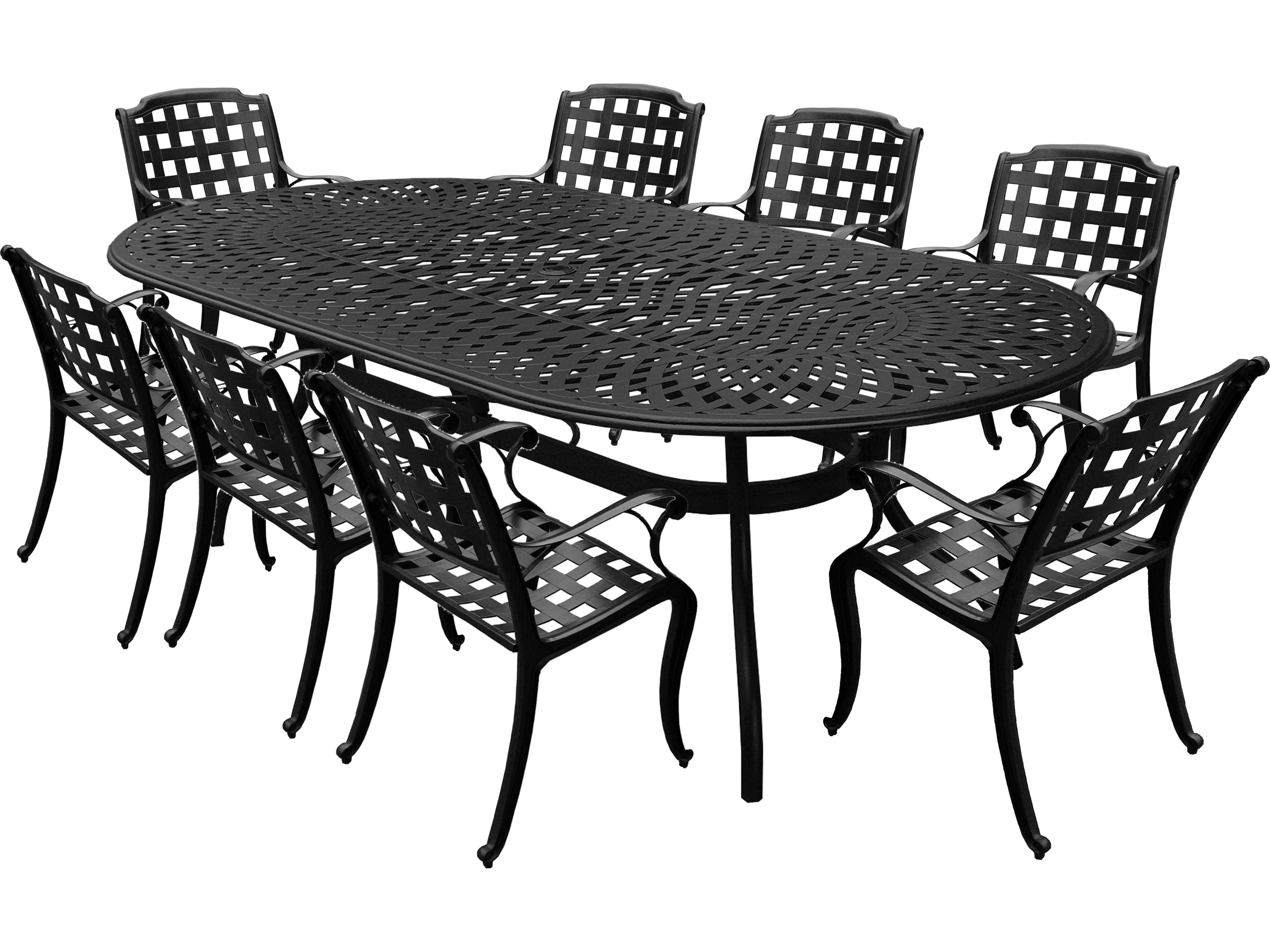 Modern Lattice Aluminum 95'' Large Black Oval Outdoor Patio Dining Set with Eight Arm Chairs