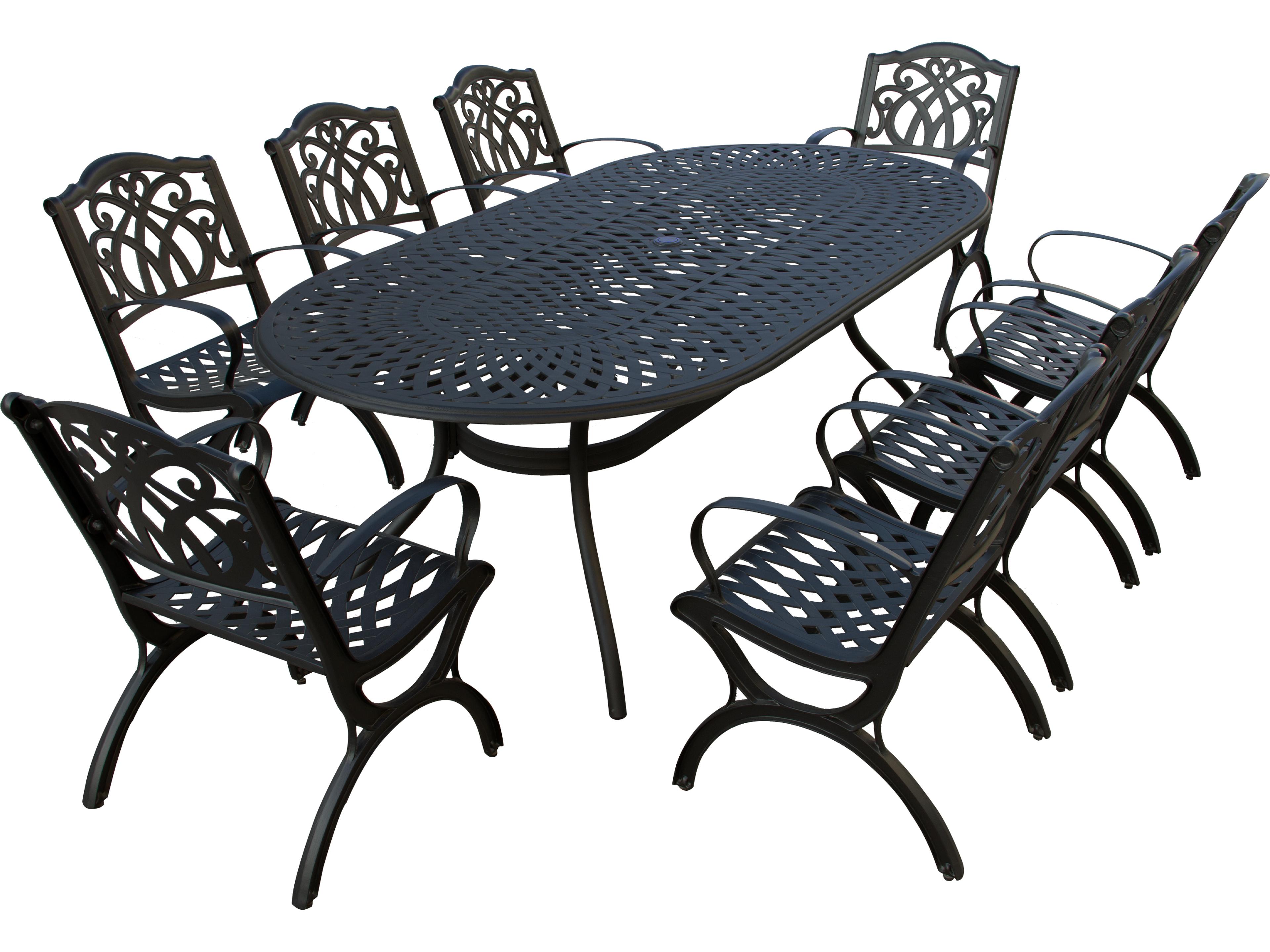 Modern Lattice Aluminum 95'' Large Black Oval Outdoor Dining Set with Eight Arm Chairs
