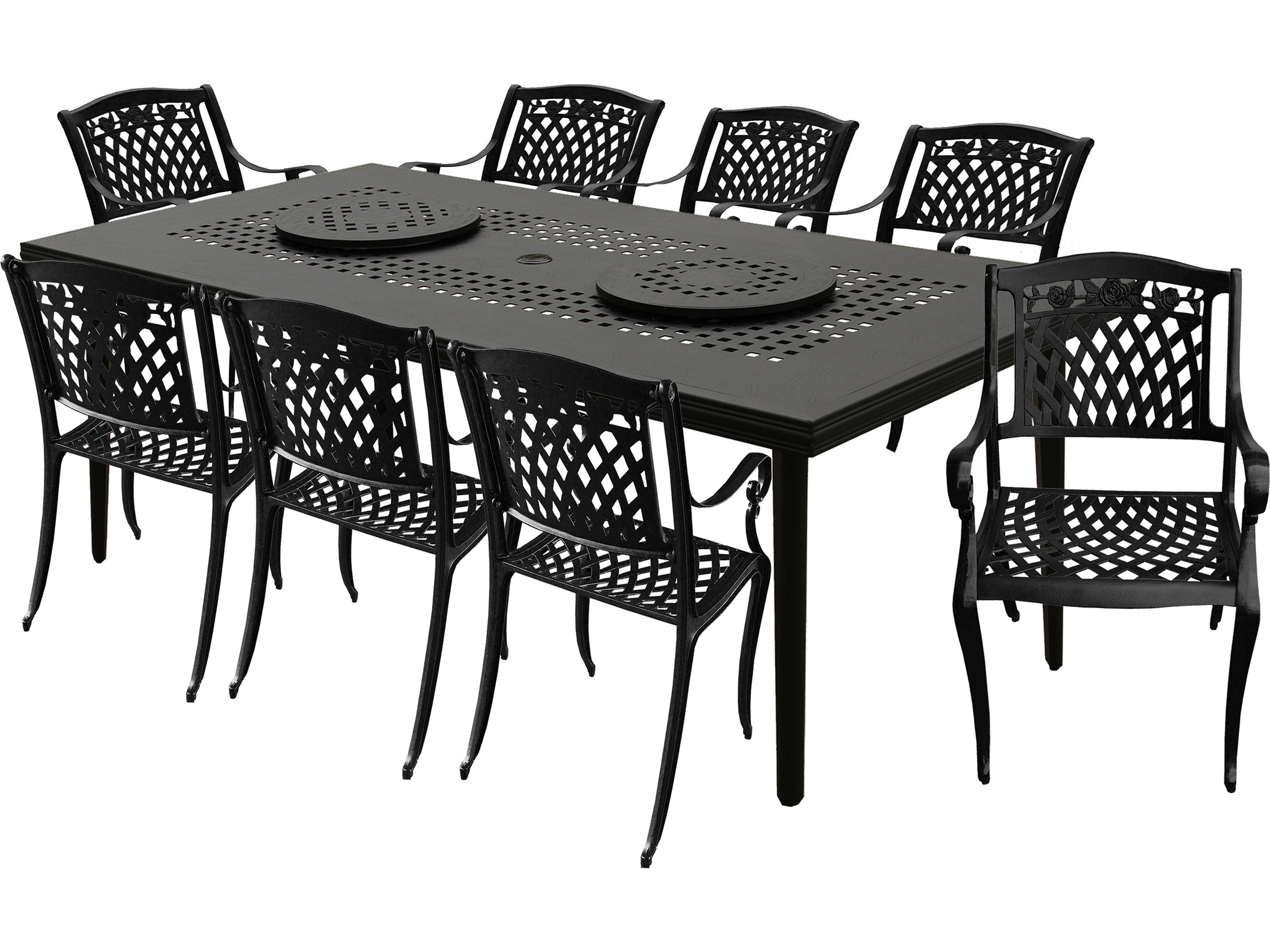 Modern Aluminum 84'' Large Black Rectangular Outdoor Patio Dining Set with Two Lazy Susans and Eight Chairs