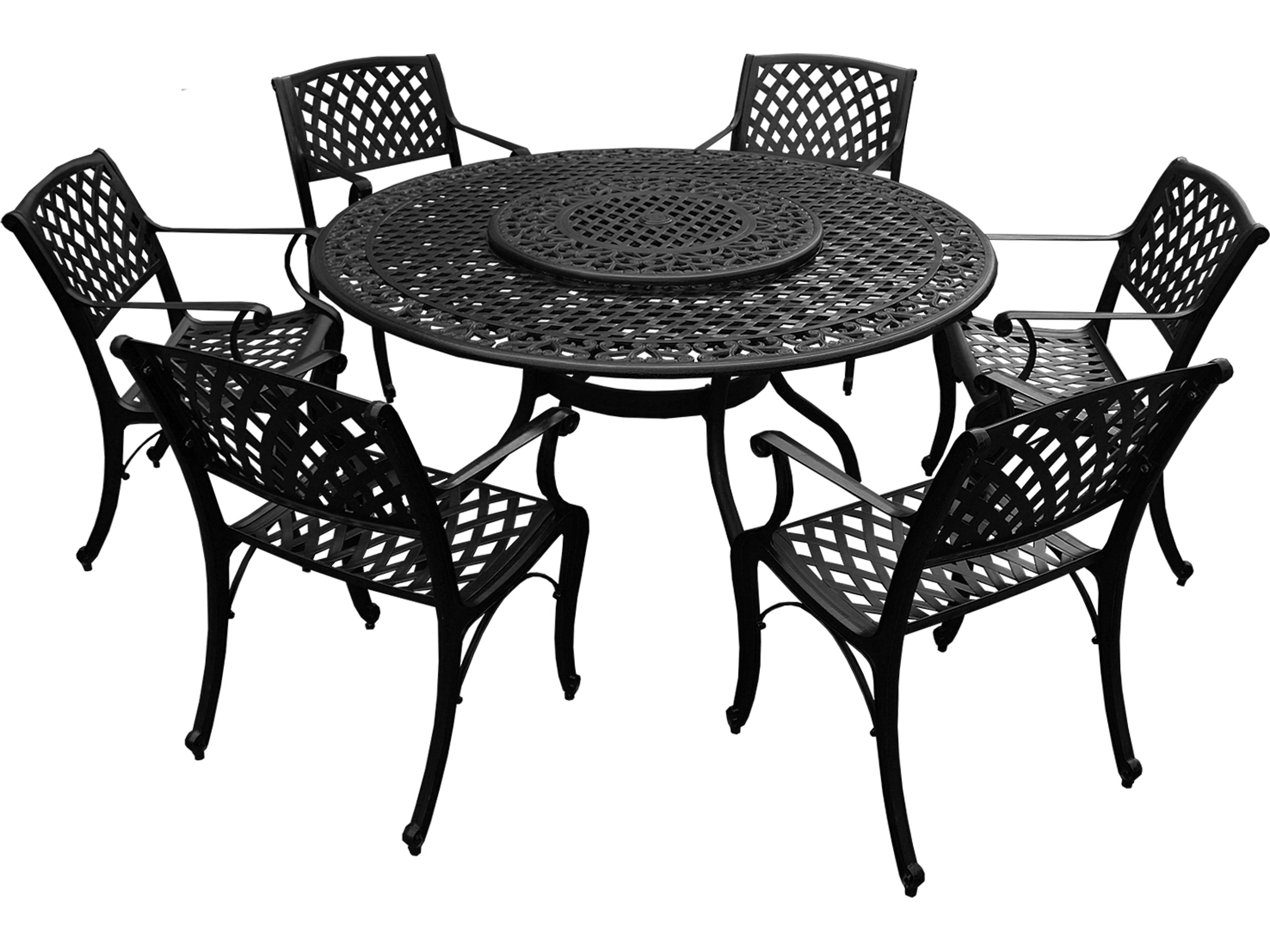 Oakland Living Modern Aluminum 59'' Large Black Round Outdoor Patio Dining Set with Lazy Susan and Six Chairs