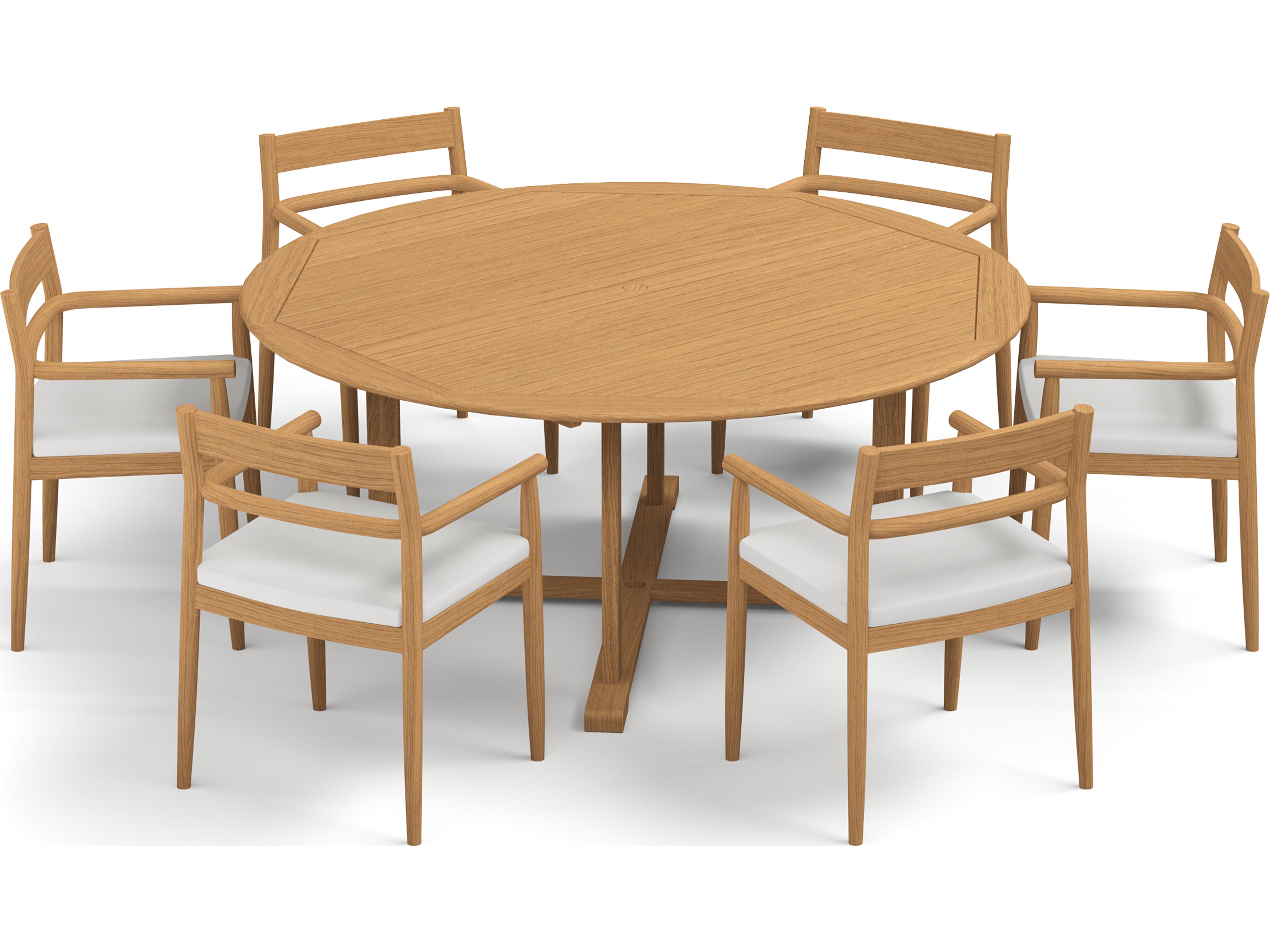 Oxford Garden Lido Teak Natural 7 Piece Outdoor Patio Dining Set with Sunbrella Bliss Linen Cushions