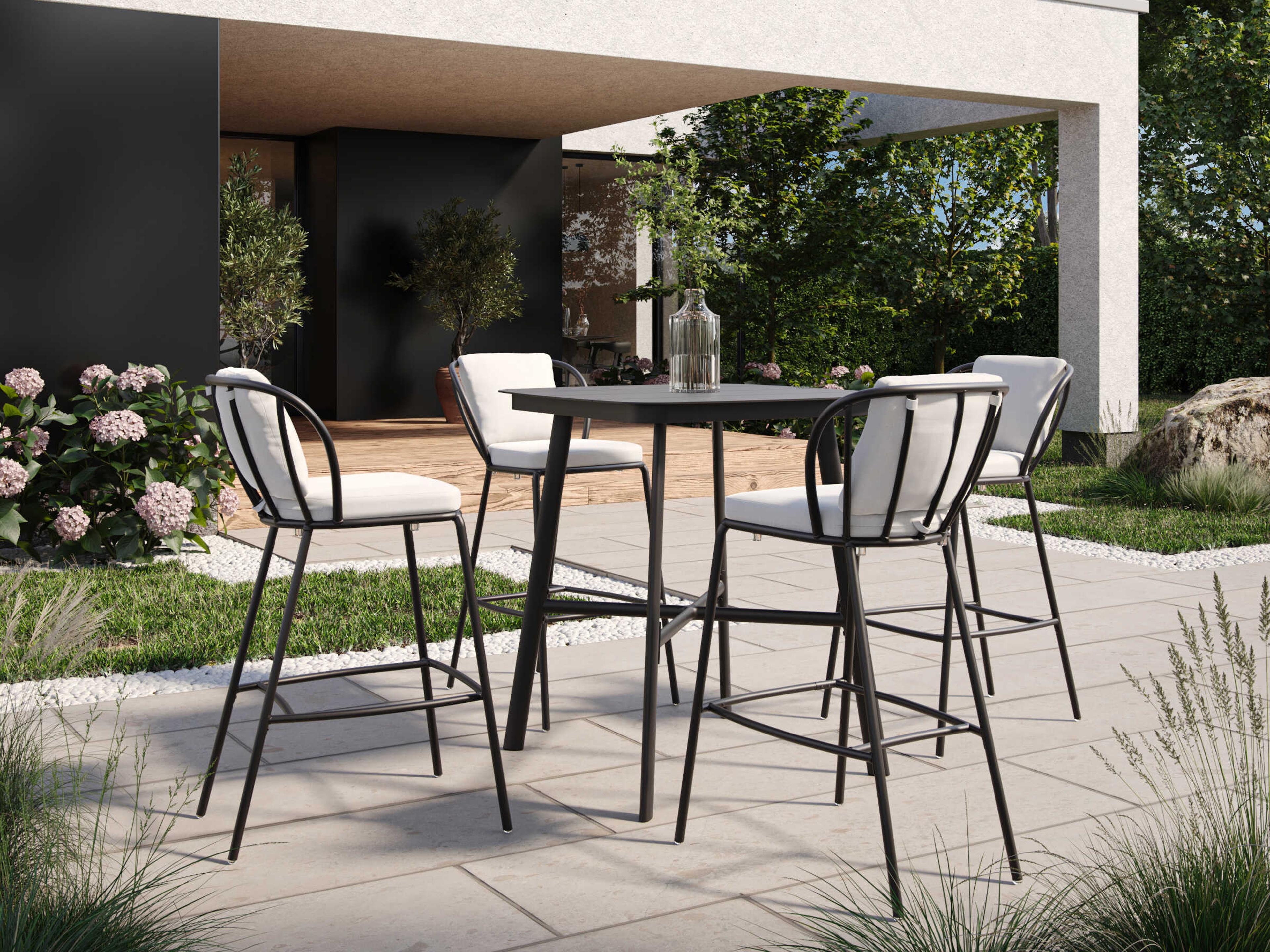 Oxford Garden Eiland Aluminum Carbon 5 Piece 36'' Square Bar Set with Bliss Linen Cushion