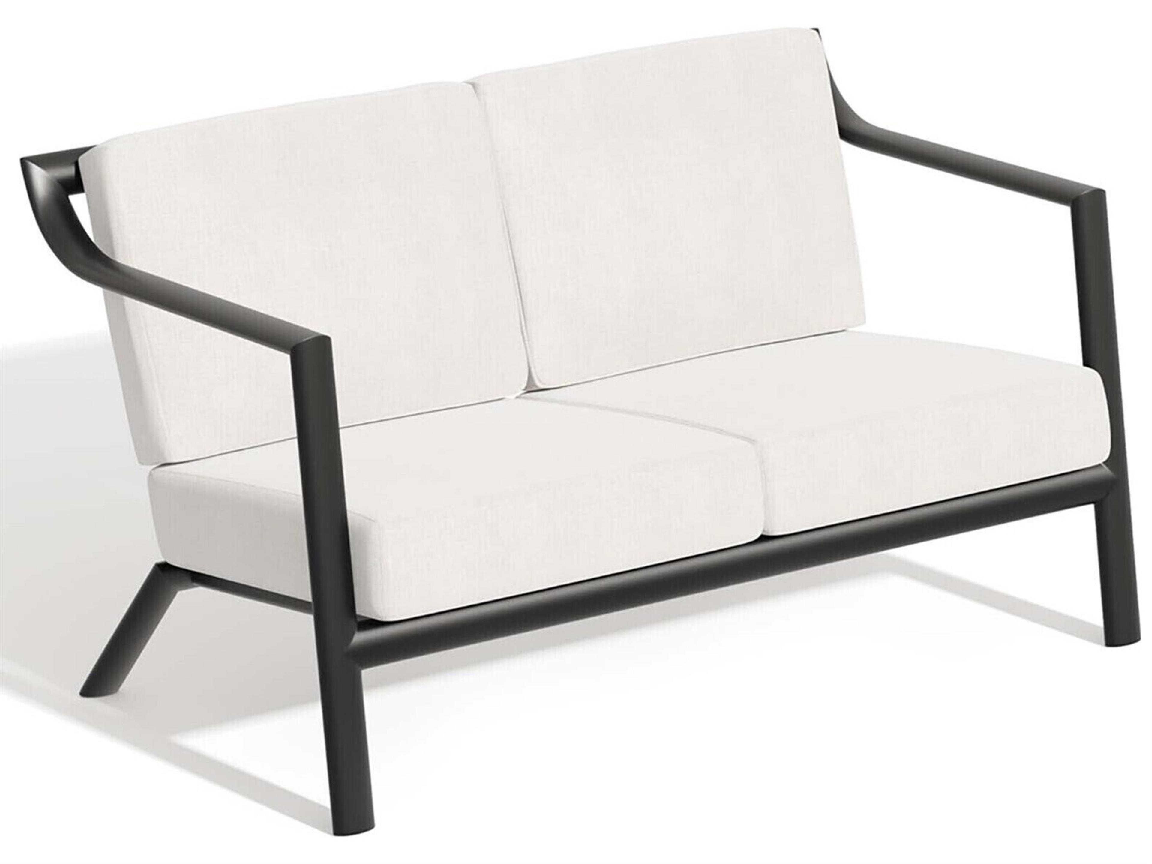 Oxford Garden Markoe Aluminum Carbon Stackable Outdoor Patio Loveseat with Sunbrella Bliss Linen Cushions