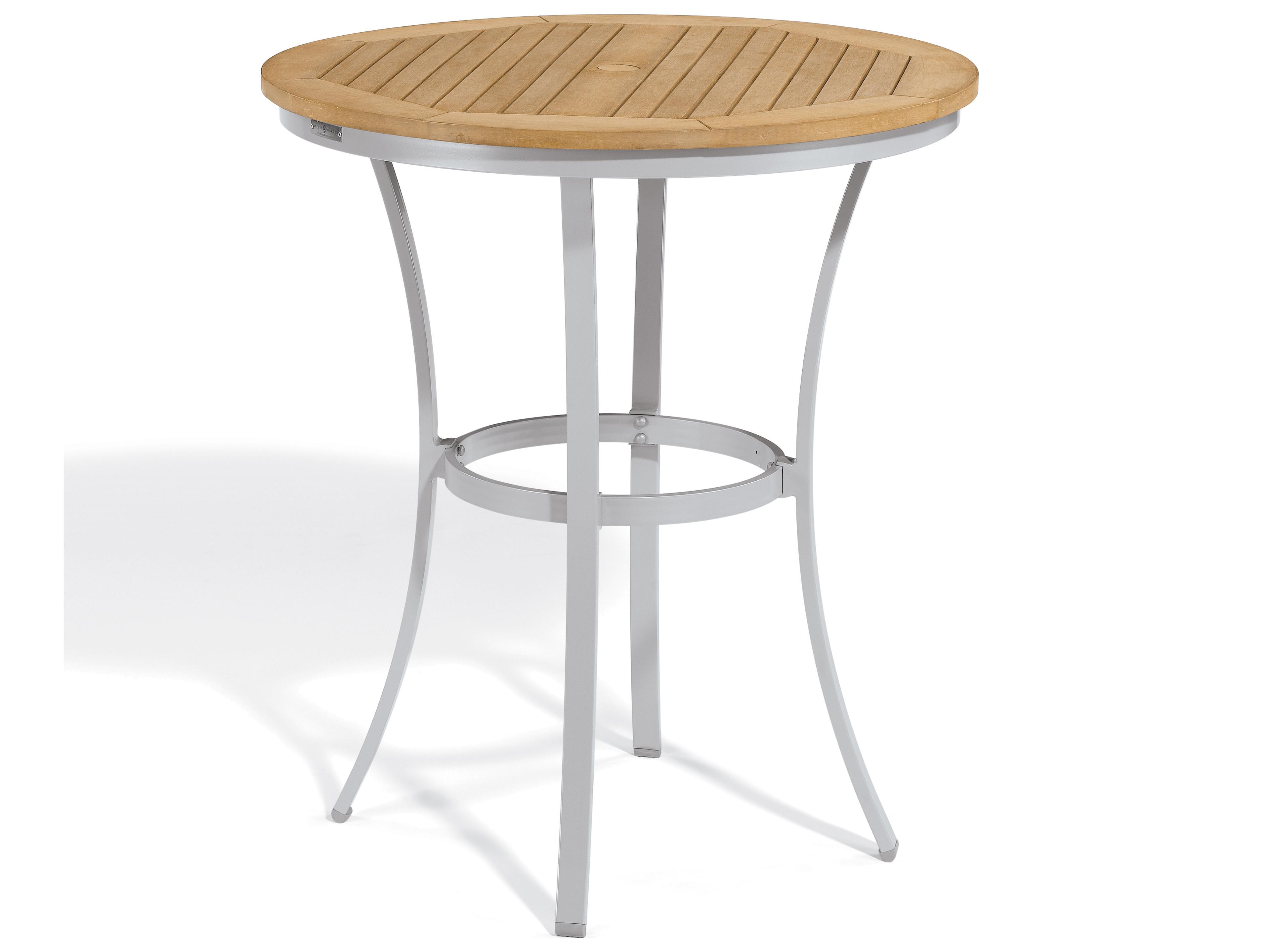 Oxford Garden Travira Aluminum Flint Round Tekwood Top Outdoor Patio Bar Table with Umbrella Hole