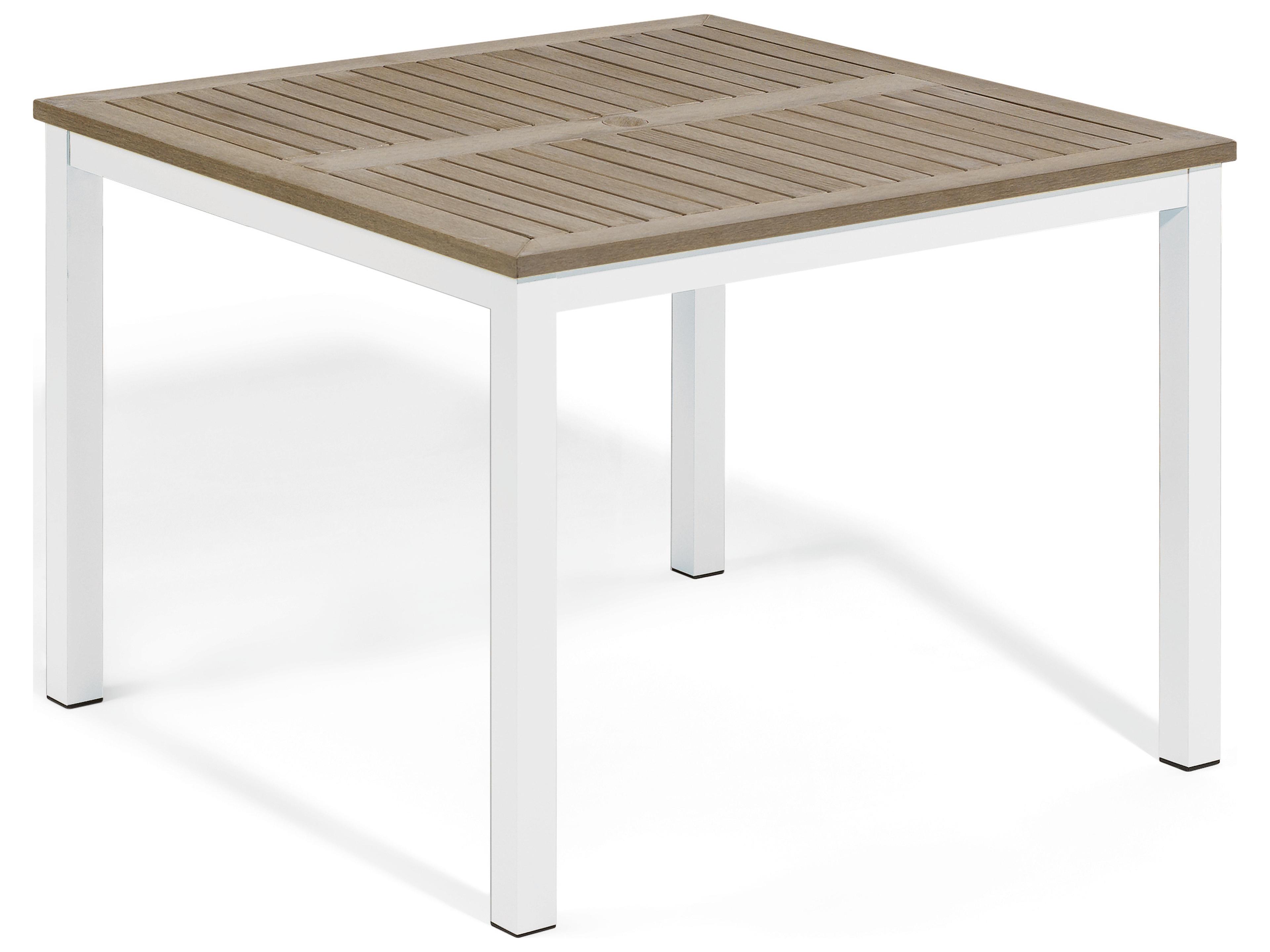 Oxford Garden Travira Aluminum Chalk Square Teakwood Top Outdoor Dining Table with Umbrella Hole Square Outdoor Dining Table
