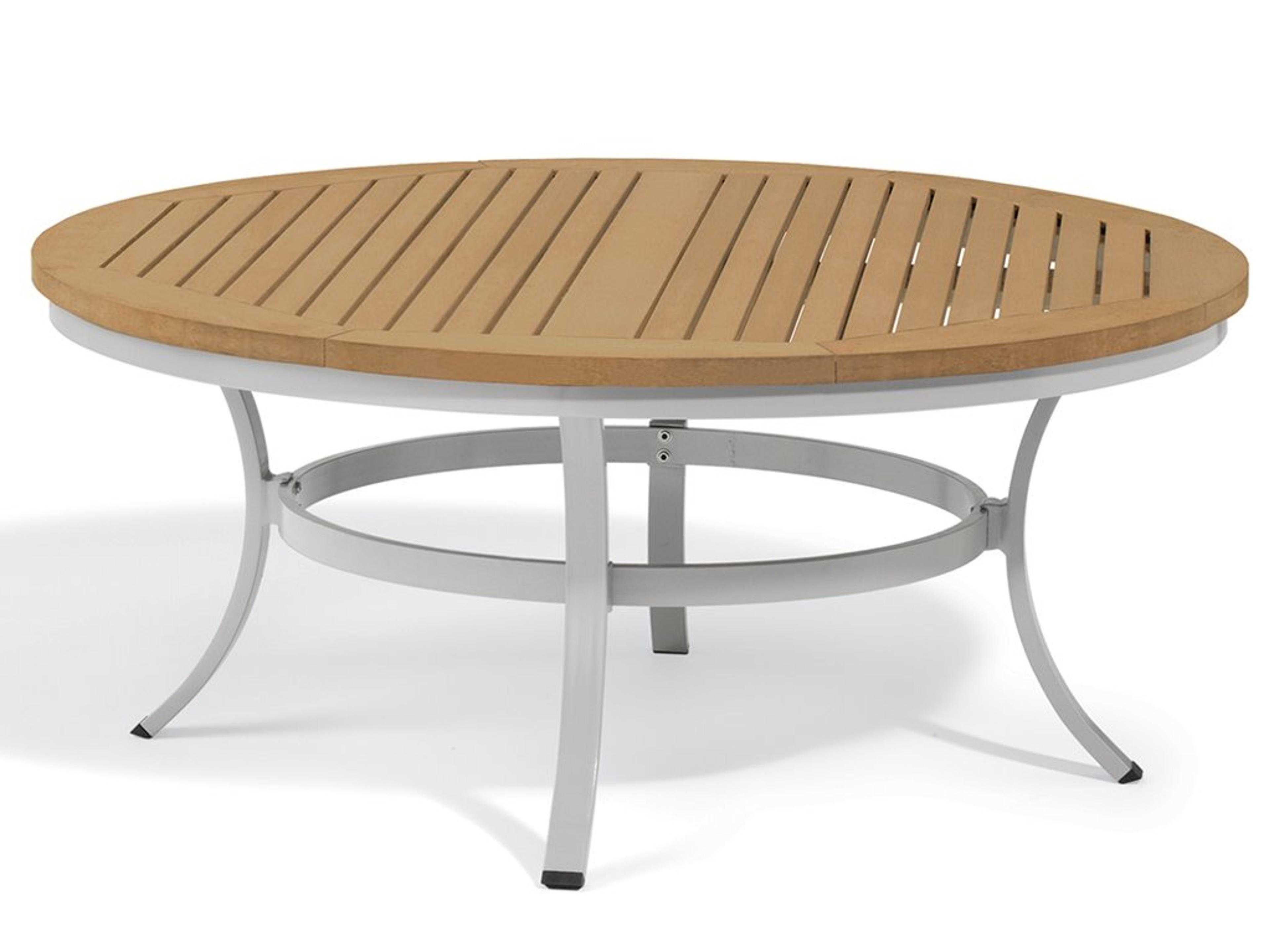 Oxford Garden Travira Aluminum Flint Round Teak Top Patio Chat Table with Umbrella Hole