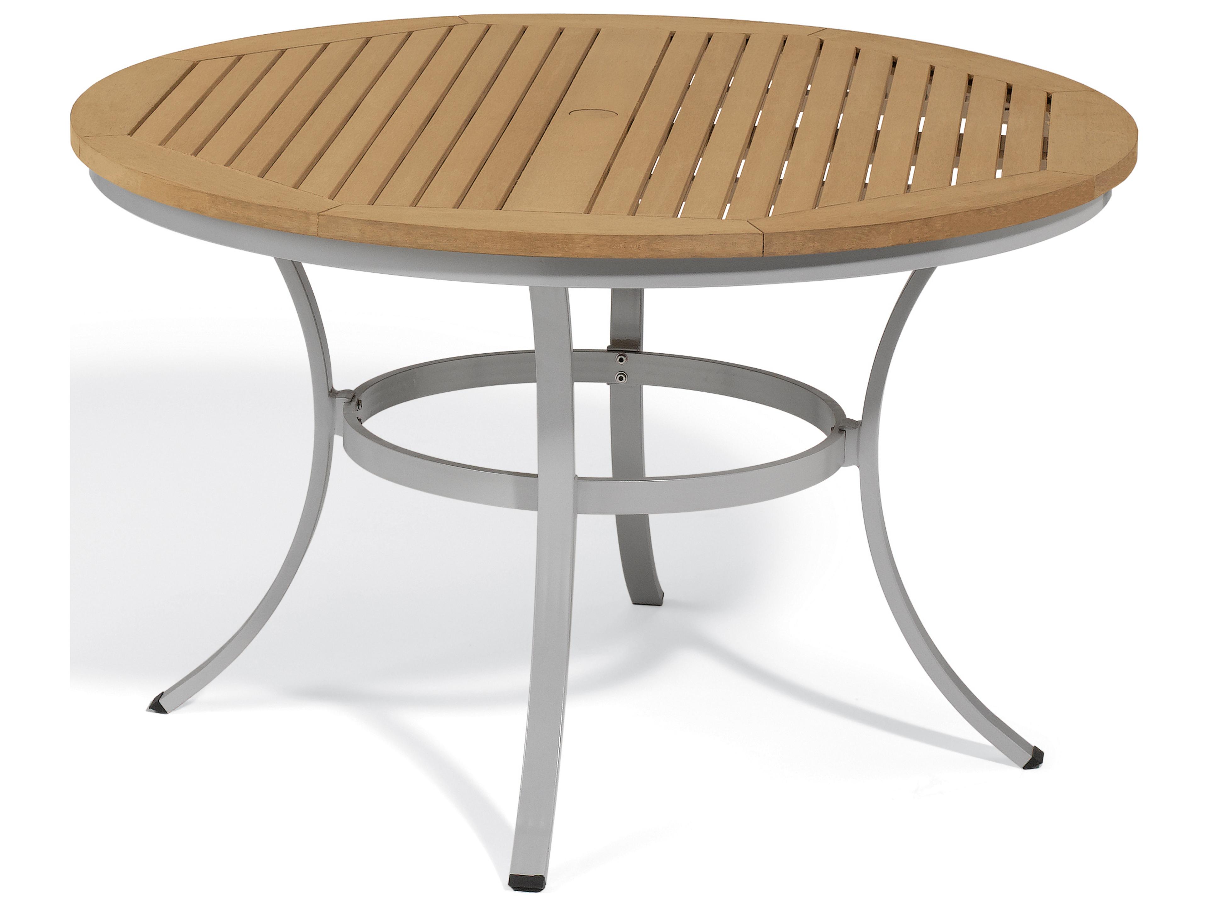 Oxford Garden Travira Aluminum Flint Round Tekwood Top Patio Dining Table with Umbrella Hole