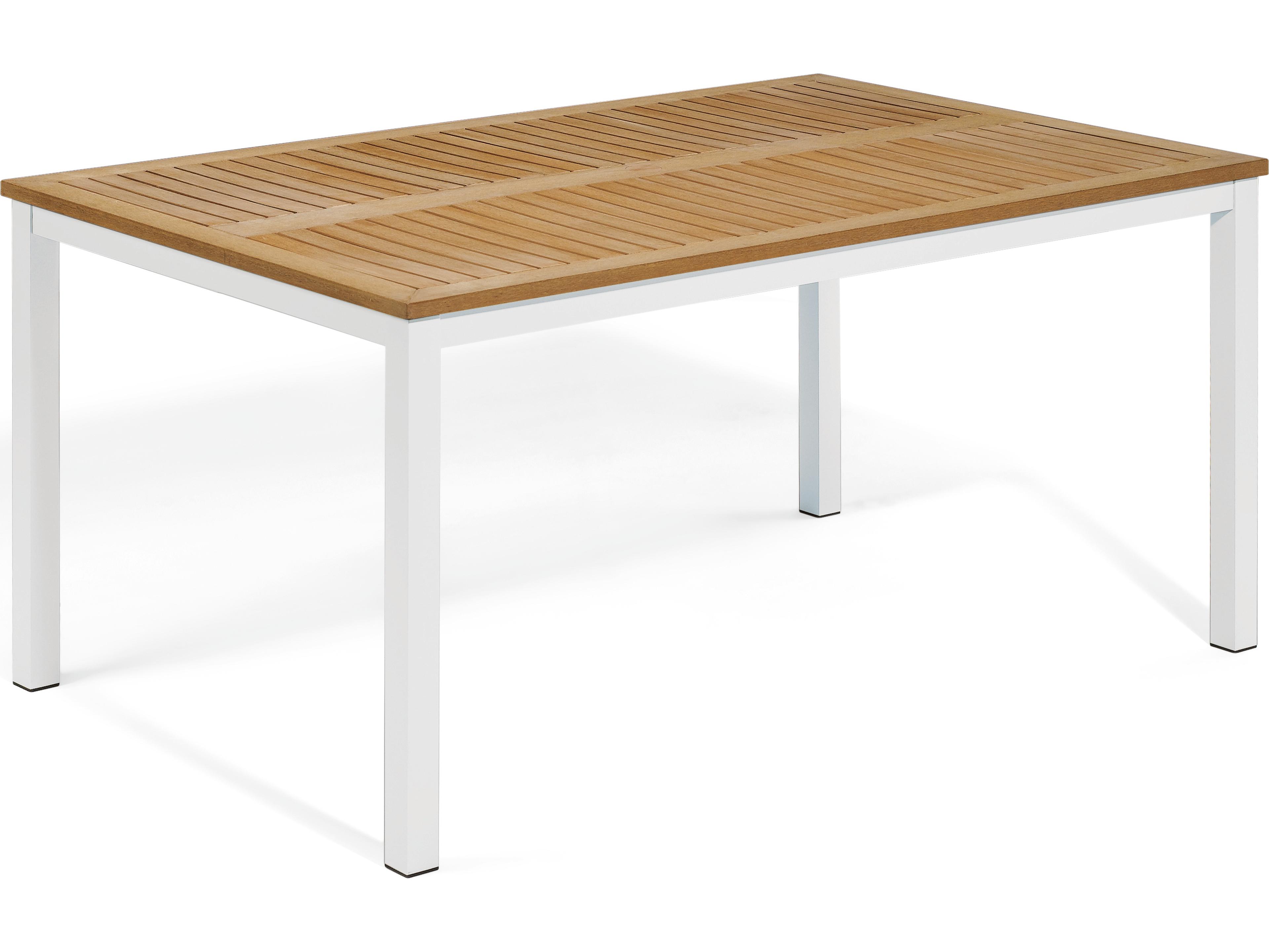 Oxford Garden Travira Aluminum Chalk Rectangular Tekwood Top Outdoor Patio Dining Table with Umbrella Hole