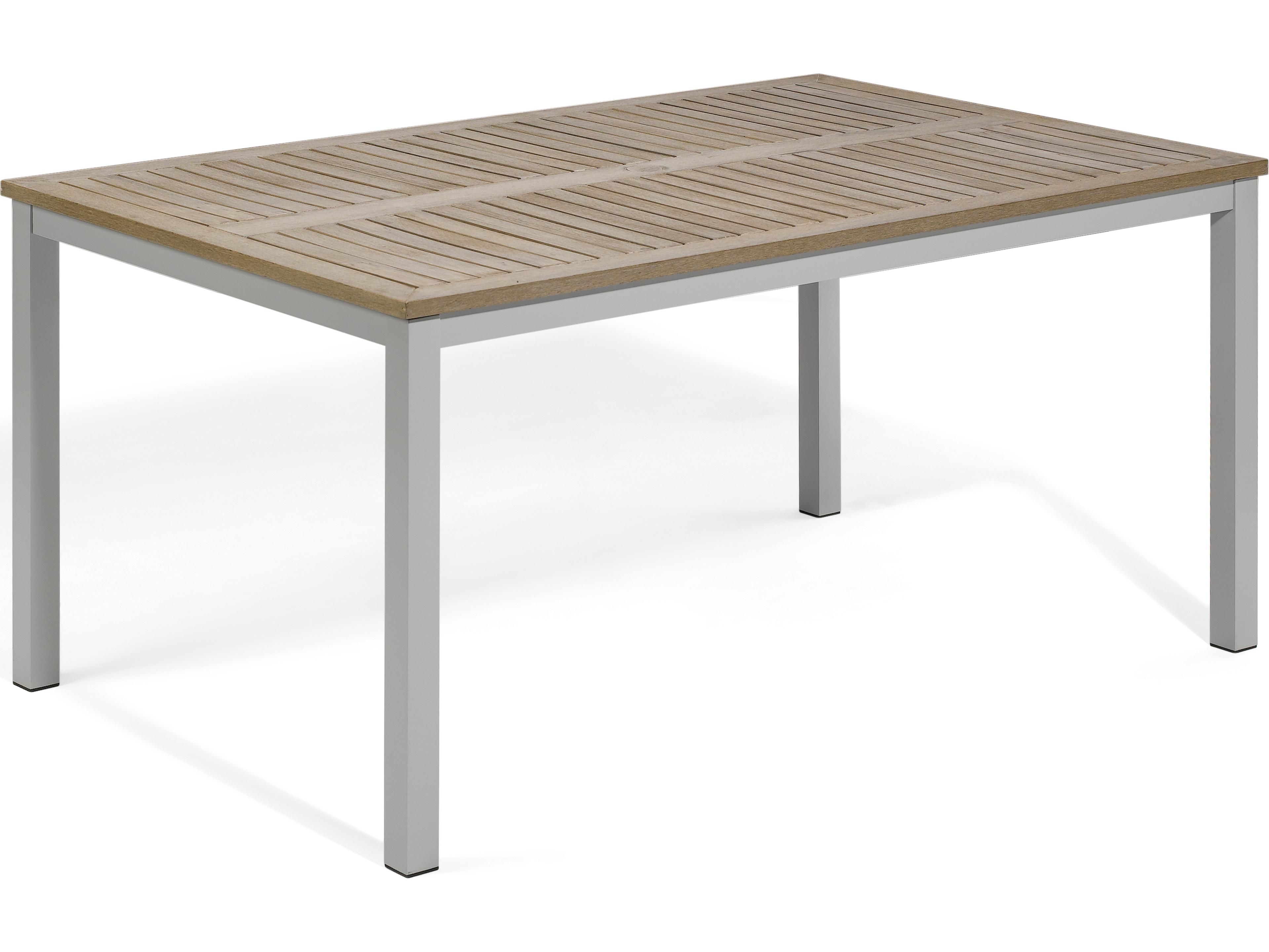 Oxford Garden Travira Aluminum Flint Rectangular Tekwood Top Patio Dining Table with Umbrella Hole