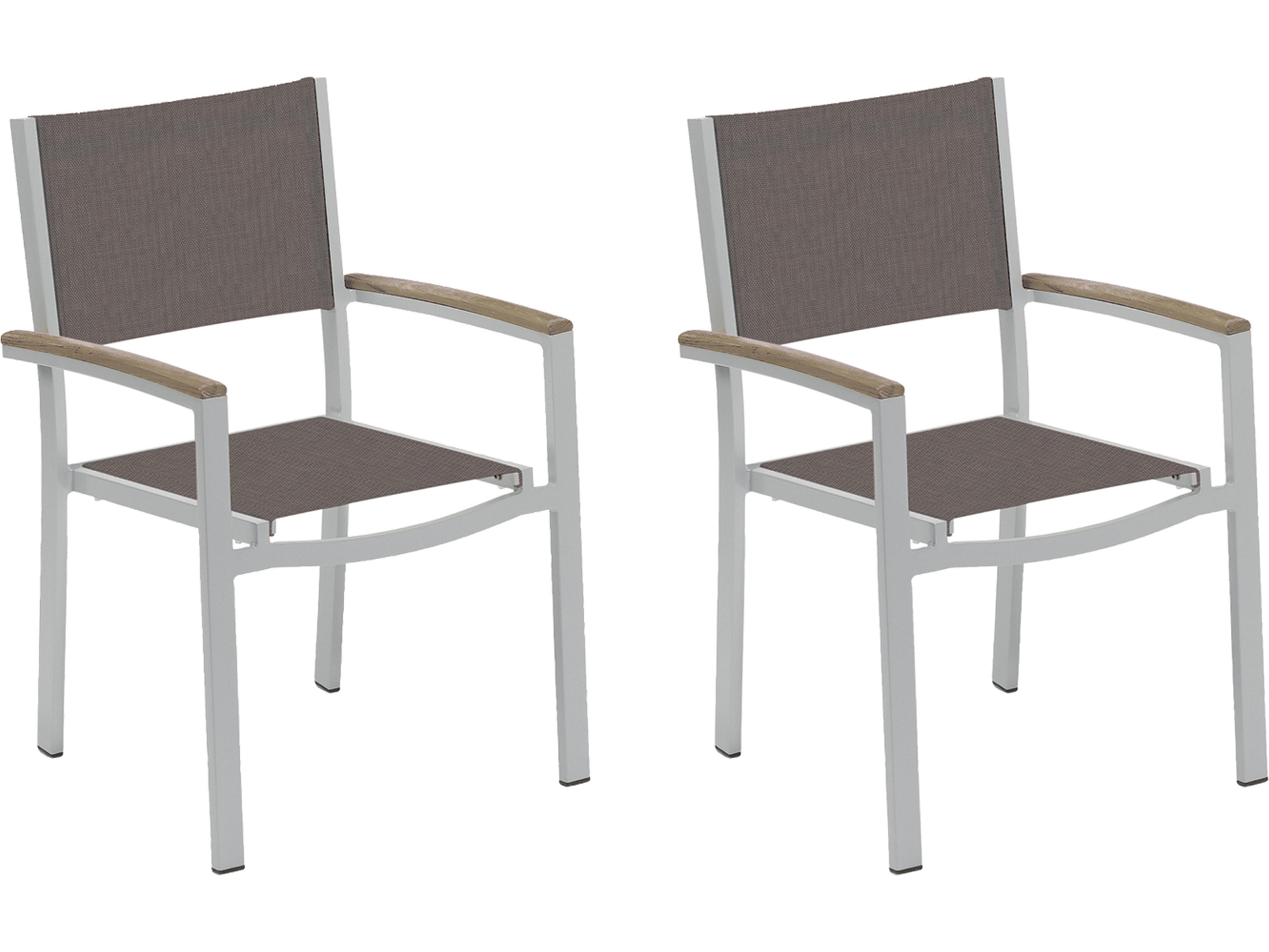Oxford Garden Travira Aluminum Flint Stackable Outdoor Dining Arm Chair with Cocoa Sling Set of 2