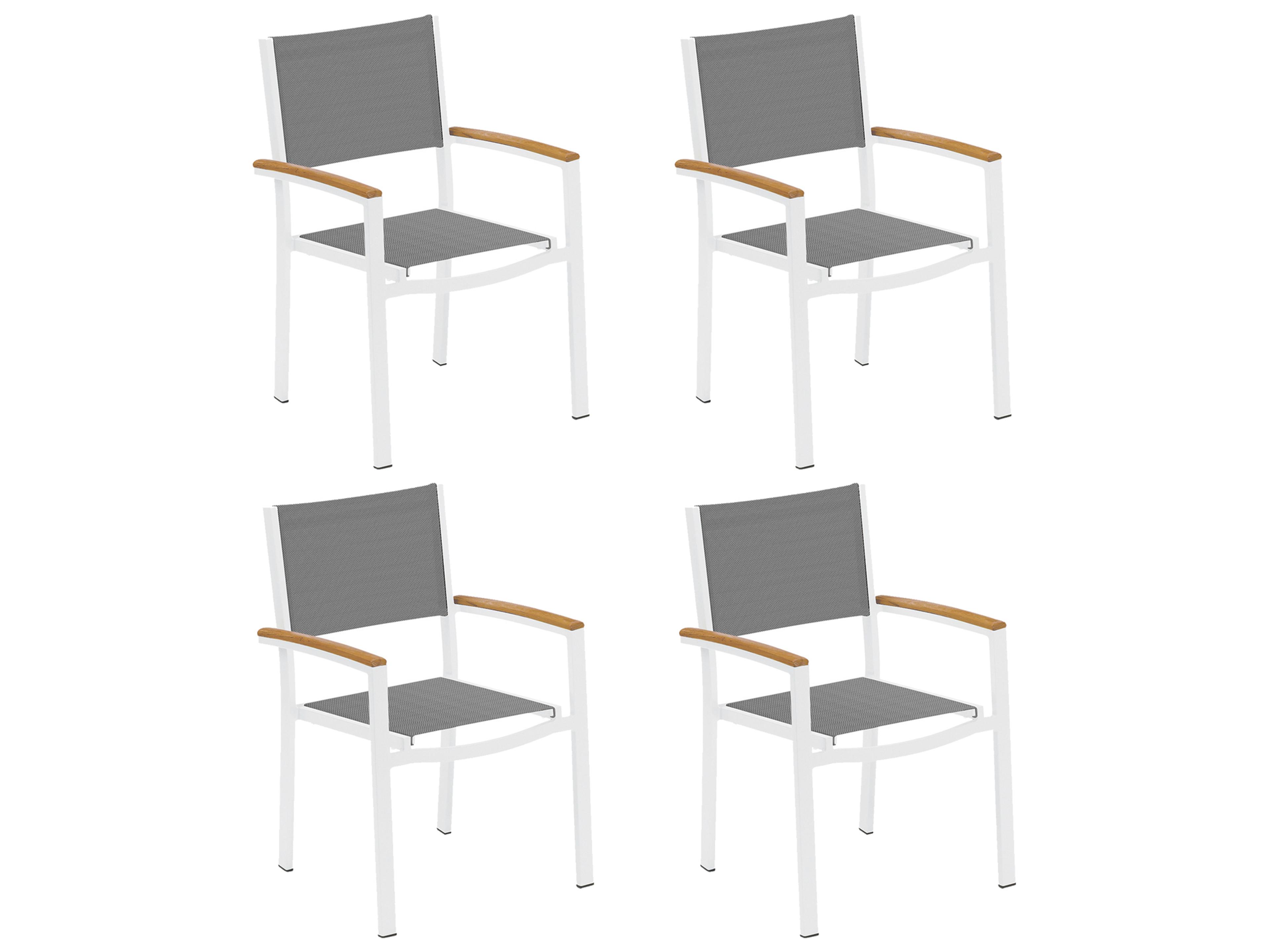 Oxford Garden Travira Aluminum Chalk Stackable Outdoor Patio Dining Arm Chair with Titanium Sling Set of 4