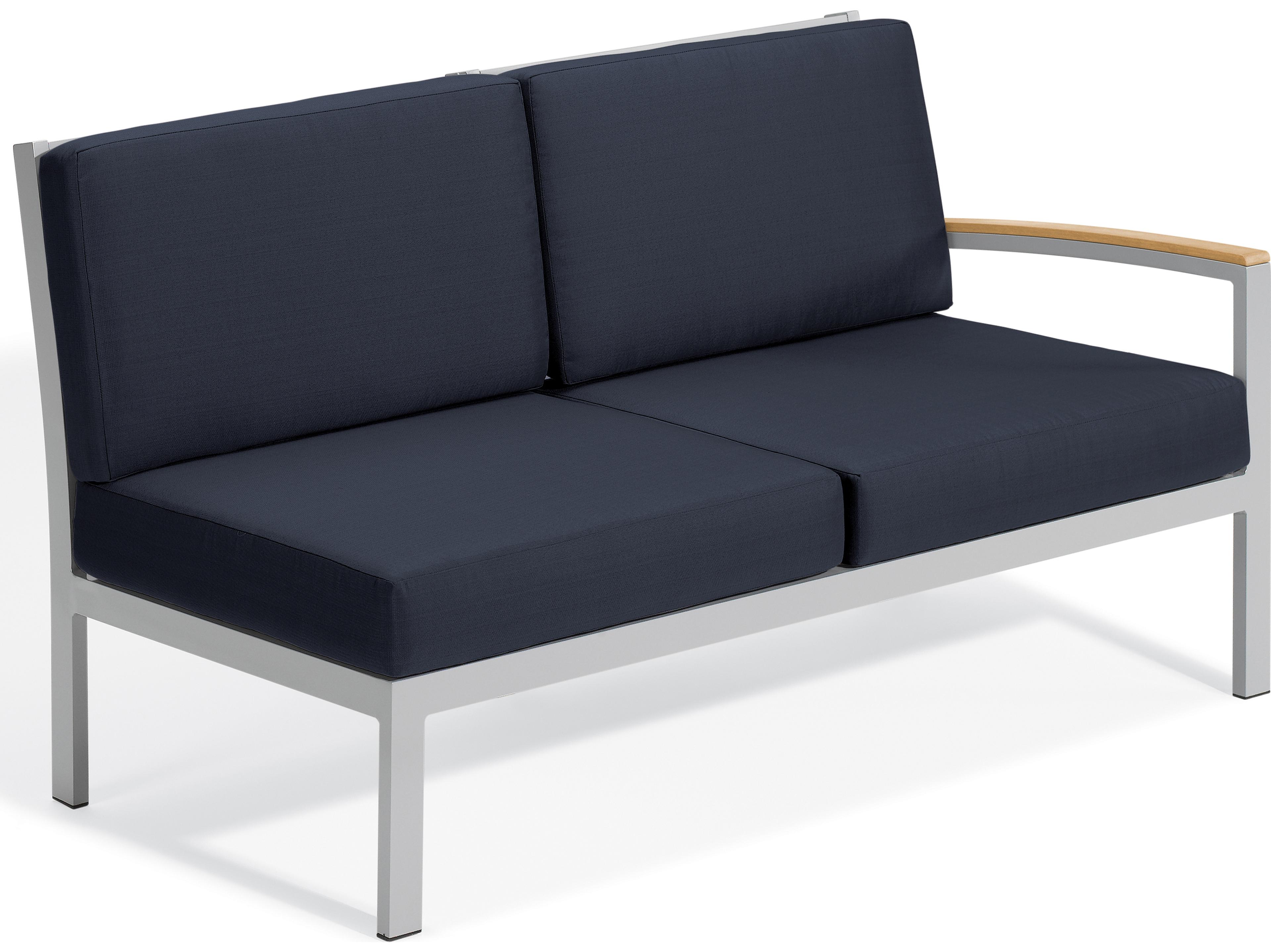 Oxford Garden Travira Aluminum Flint Left Arm Outdoor Patio Loveseat with Midnight Blue Cushions