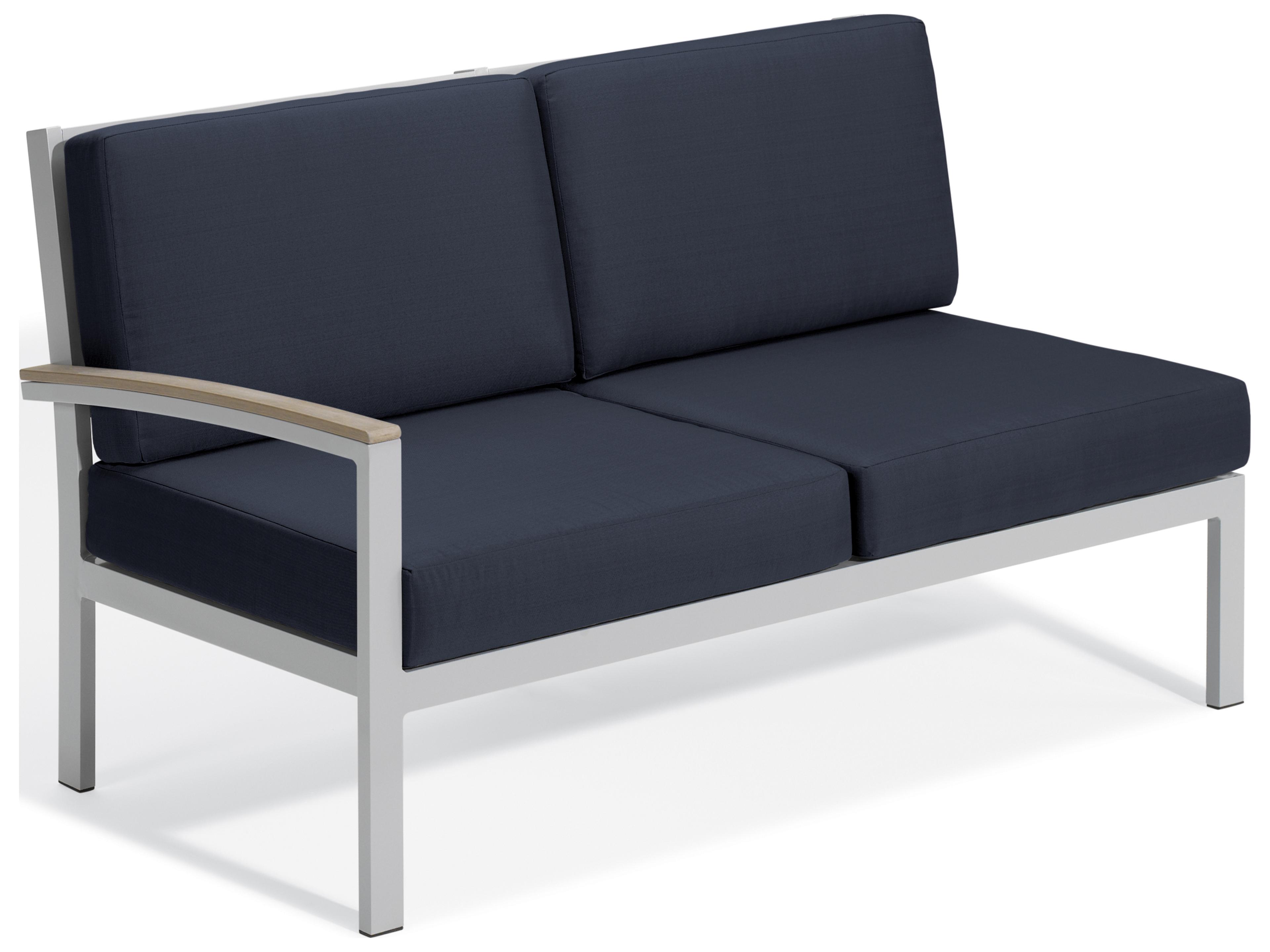 Oxford Garden Travira Aluminum Flint Right Arm Outdoor Patio Loveseat with Midnight Blue Cushions
