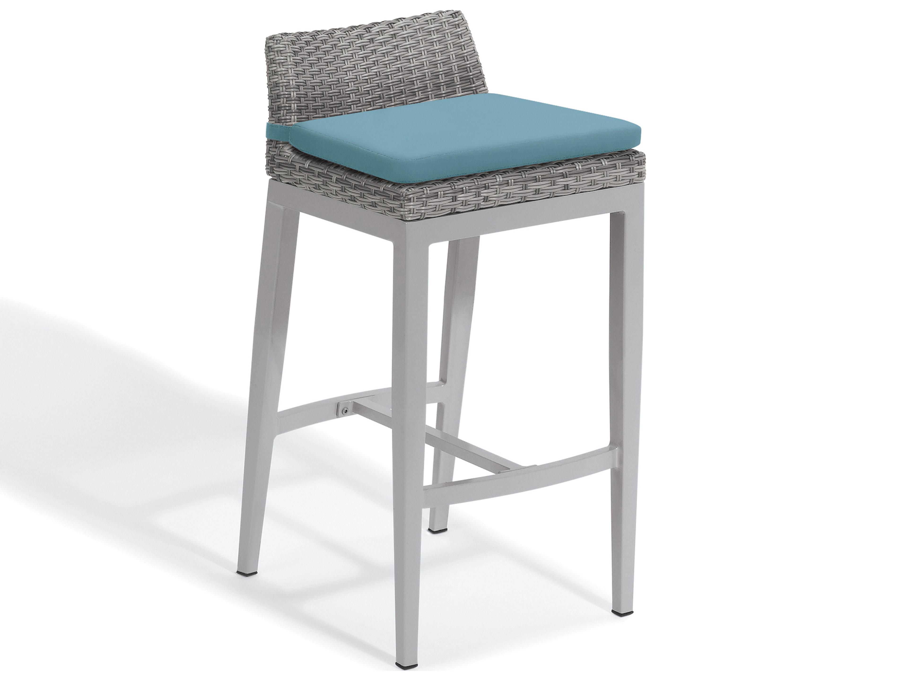 Oxford Garden Argento Wicker Outdoor Patio Bar Stool with Ice Blue Cushion