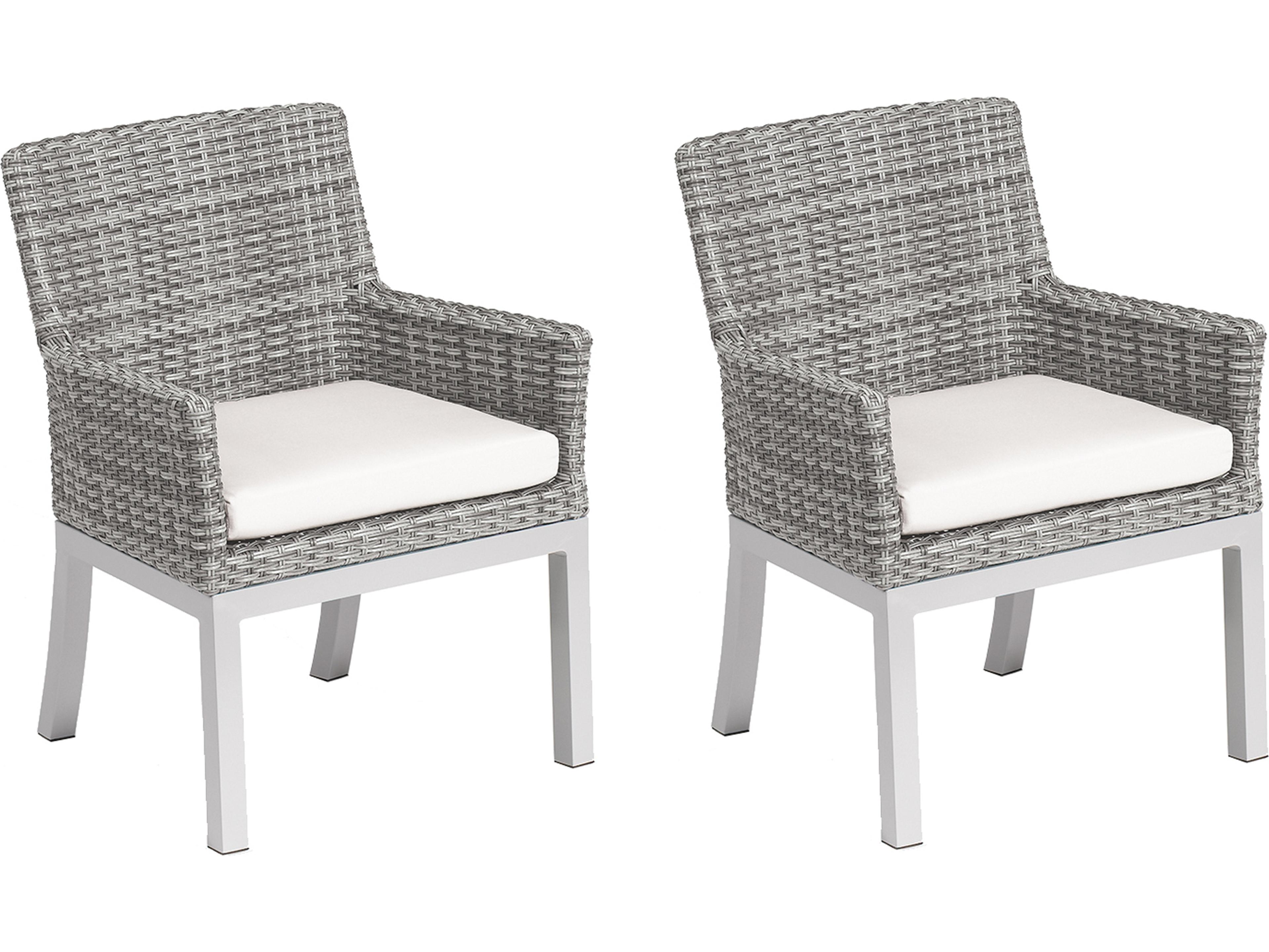 Oxford Garden Argento Wicker Outdoor Dining Arm Chair with Eggshell White Cushions Set of 2