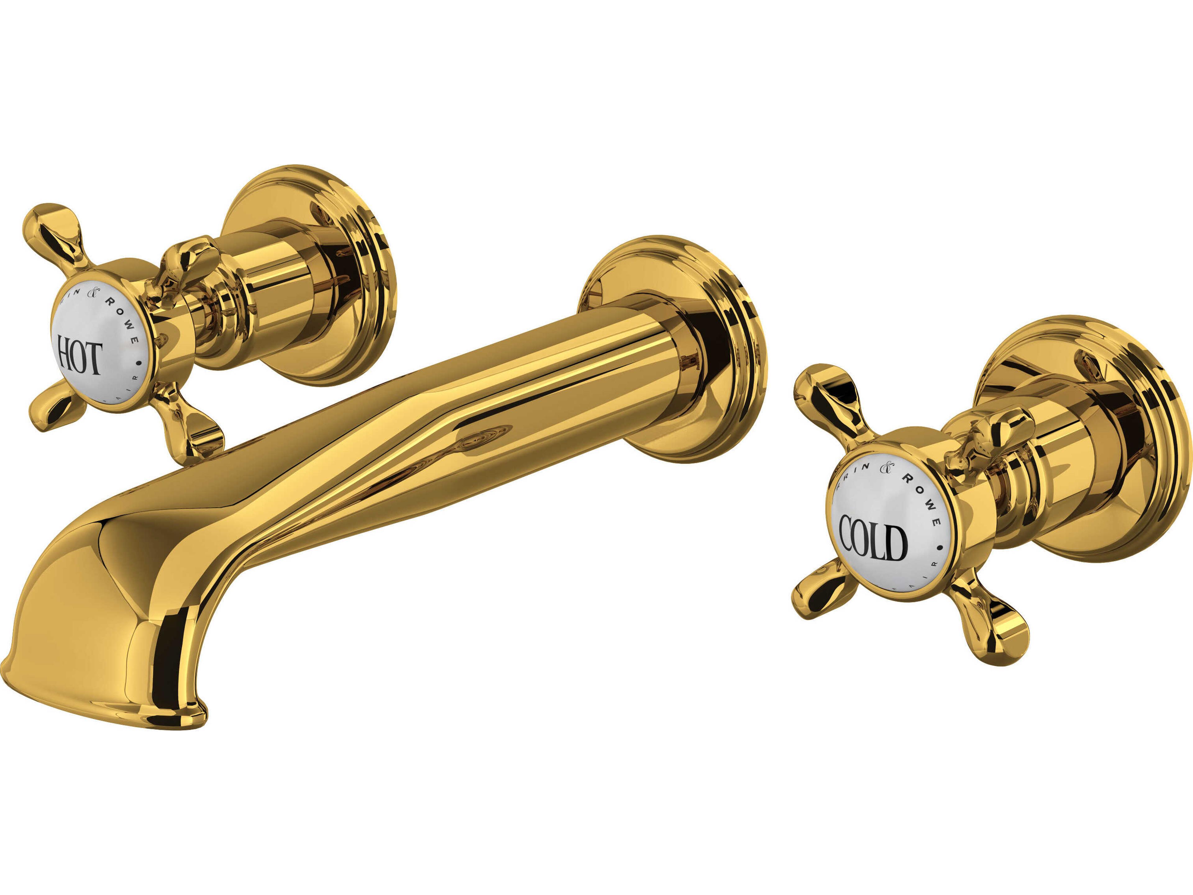 Perrin and Rowe Edwardian Unlacquered Brass Wall Mount Lavatory Faucet Trim with U-Spout