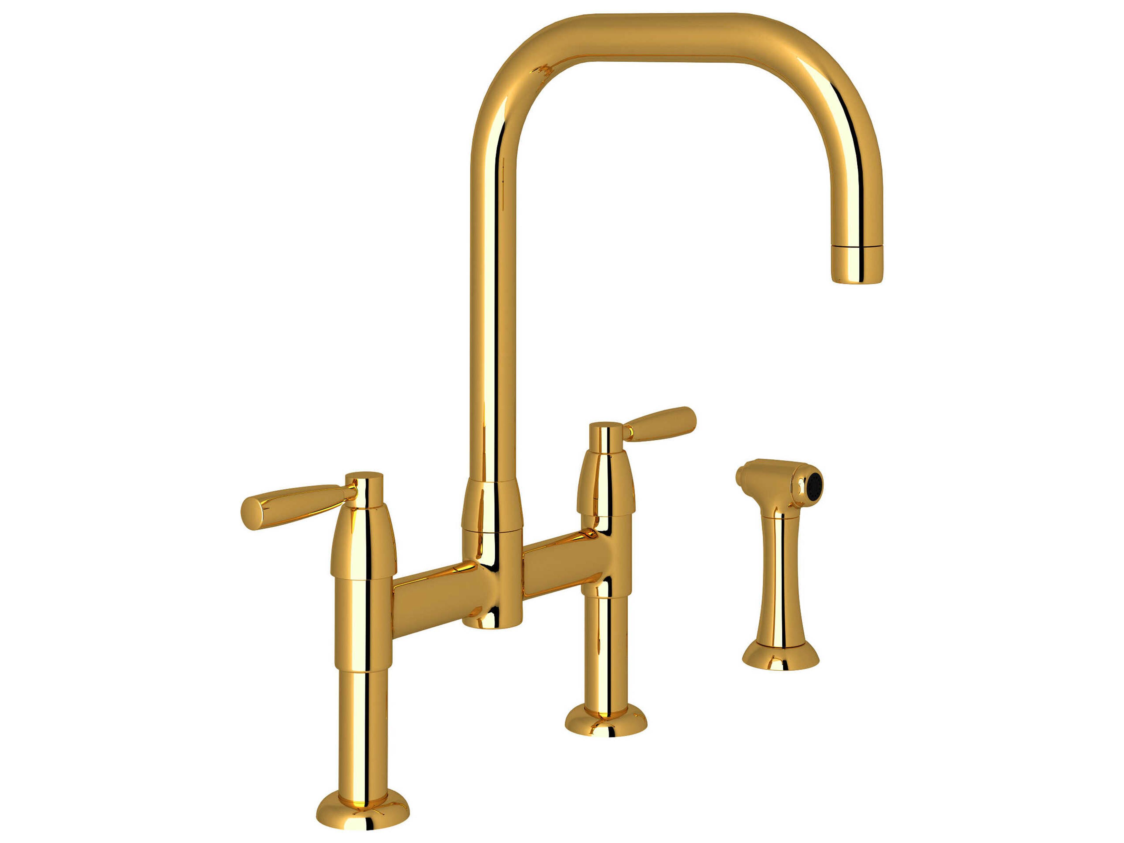 Perrin and Rowe Holborn Unlacquered Brass Bridge Kitchen Faucet with U-Spout and Side Spray