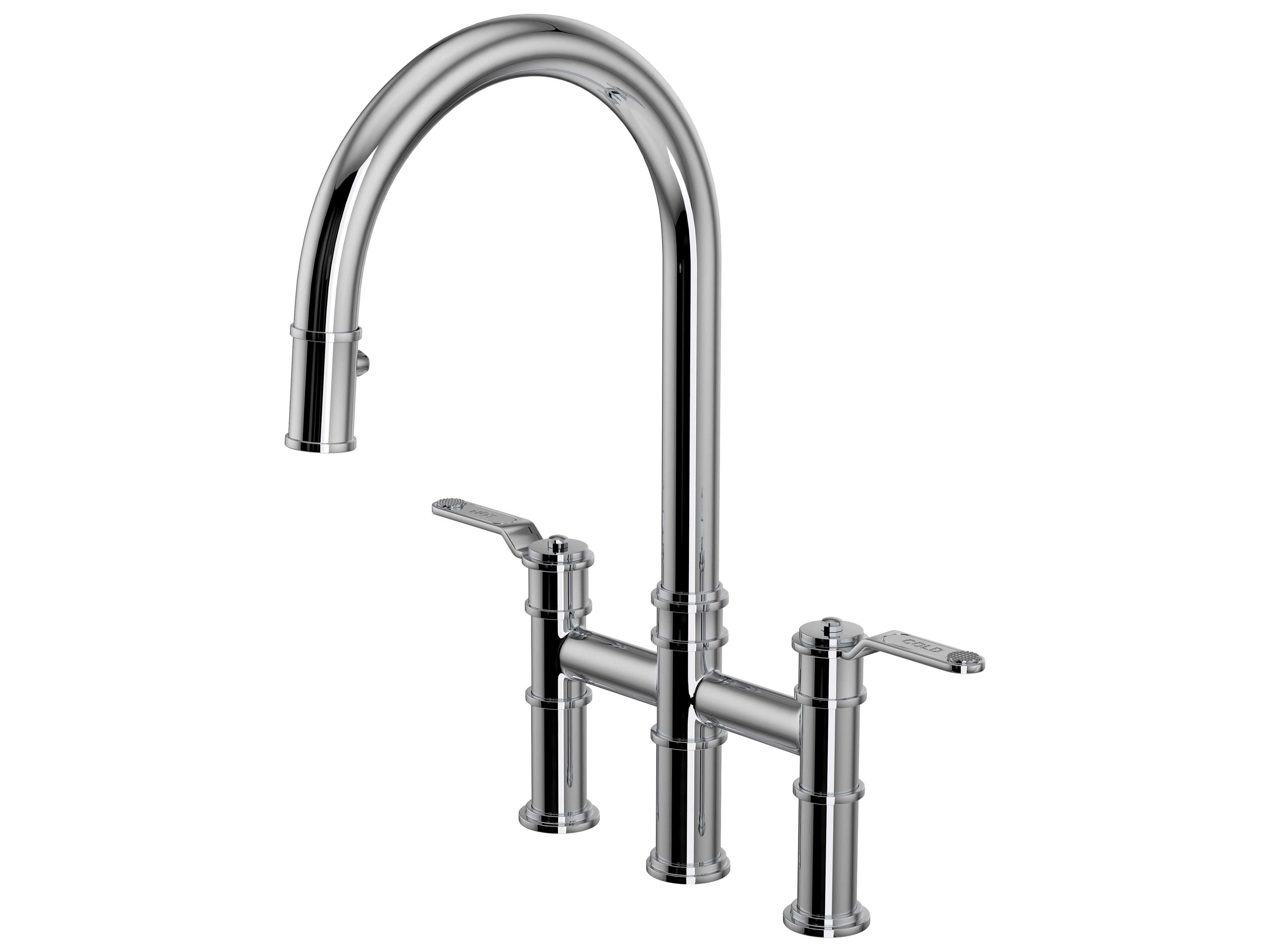 Perrin and Rowe Armstrong Polished Chrome Pull-Down Bridge Kitchen Faucet with C-Spout