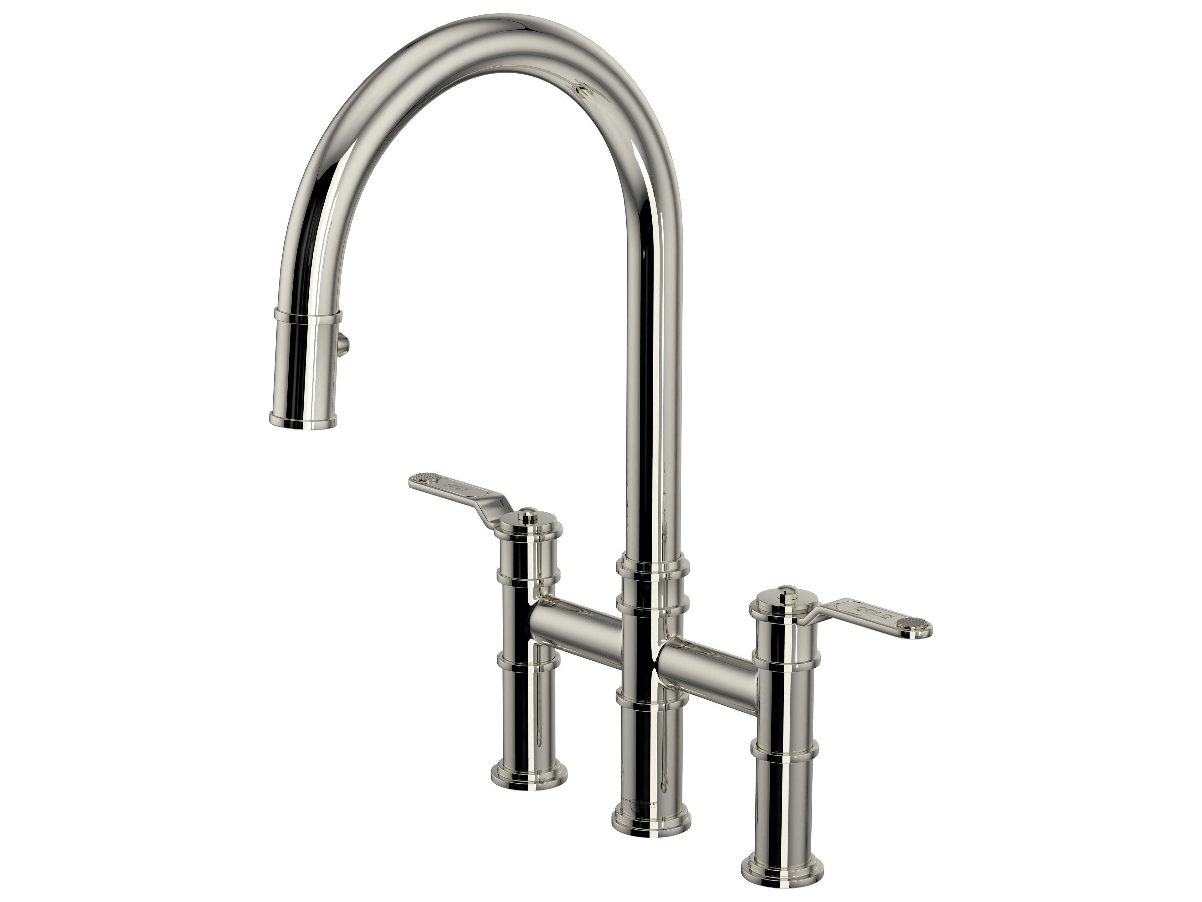 Perrin and Rowe Armstrong Polished Nickel Pull-Down Bridge Kitchen Faucet with C-Spout