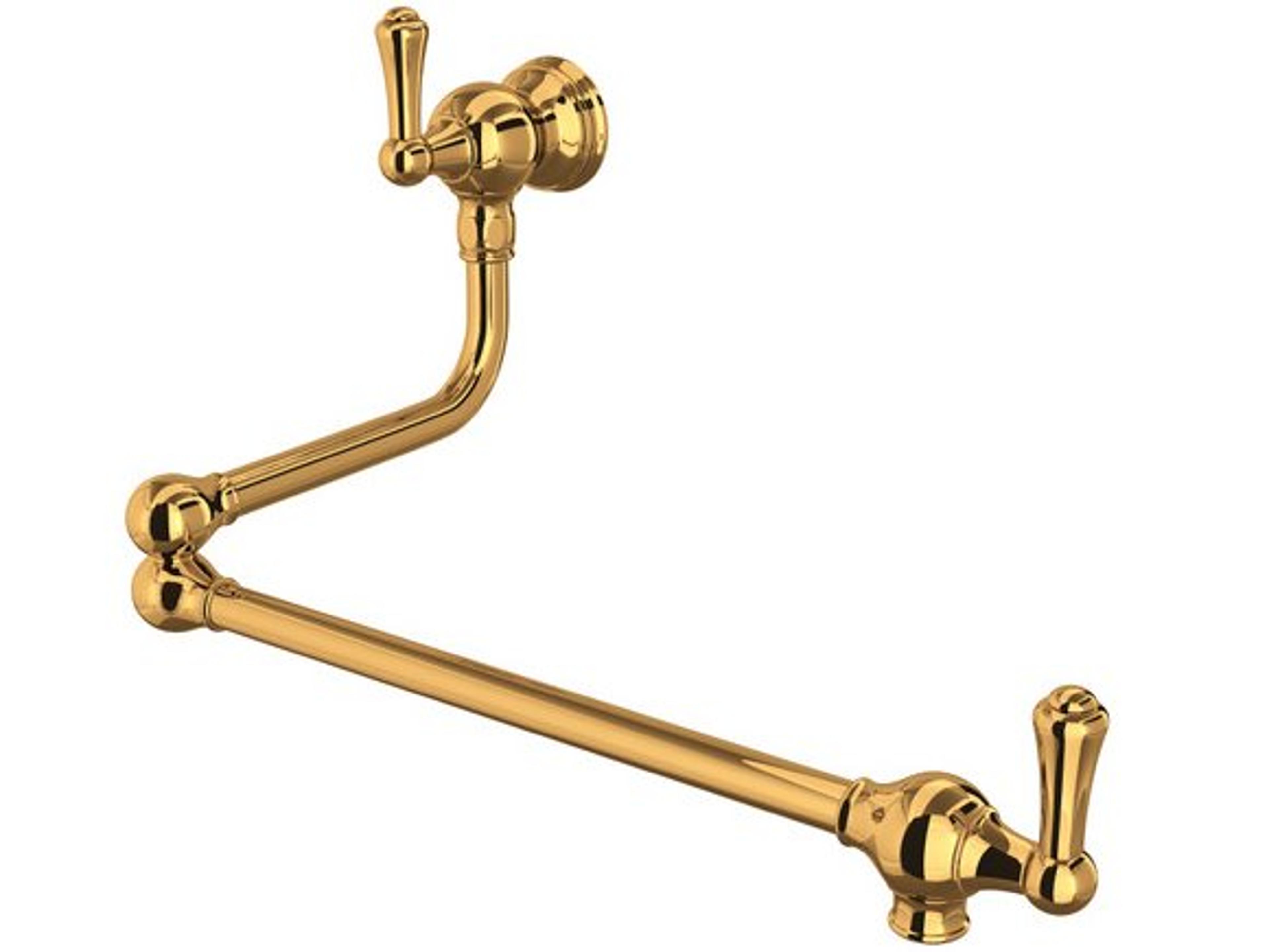 Perrin and Rowe Edwardian Era Wall Mounted Swing Arm Pot Filler with Lever Handles in English Gold