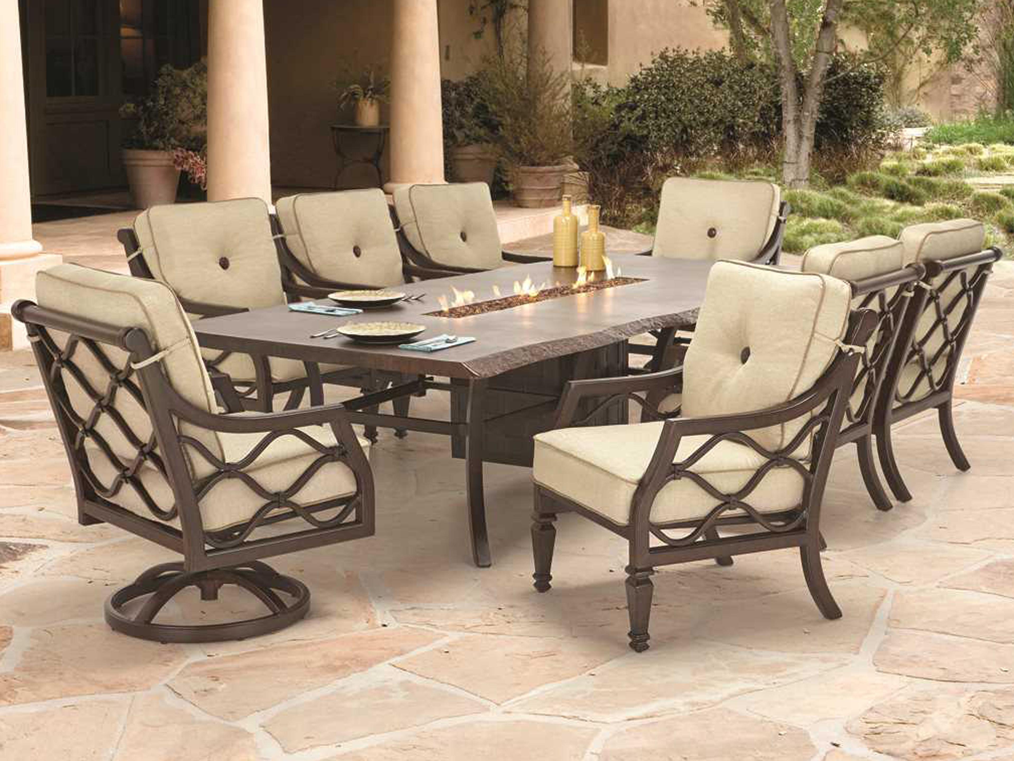 Castelle Villa Bianca Cushion Cast Aluminum Fire Pit Patio Dining Set