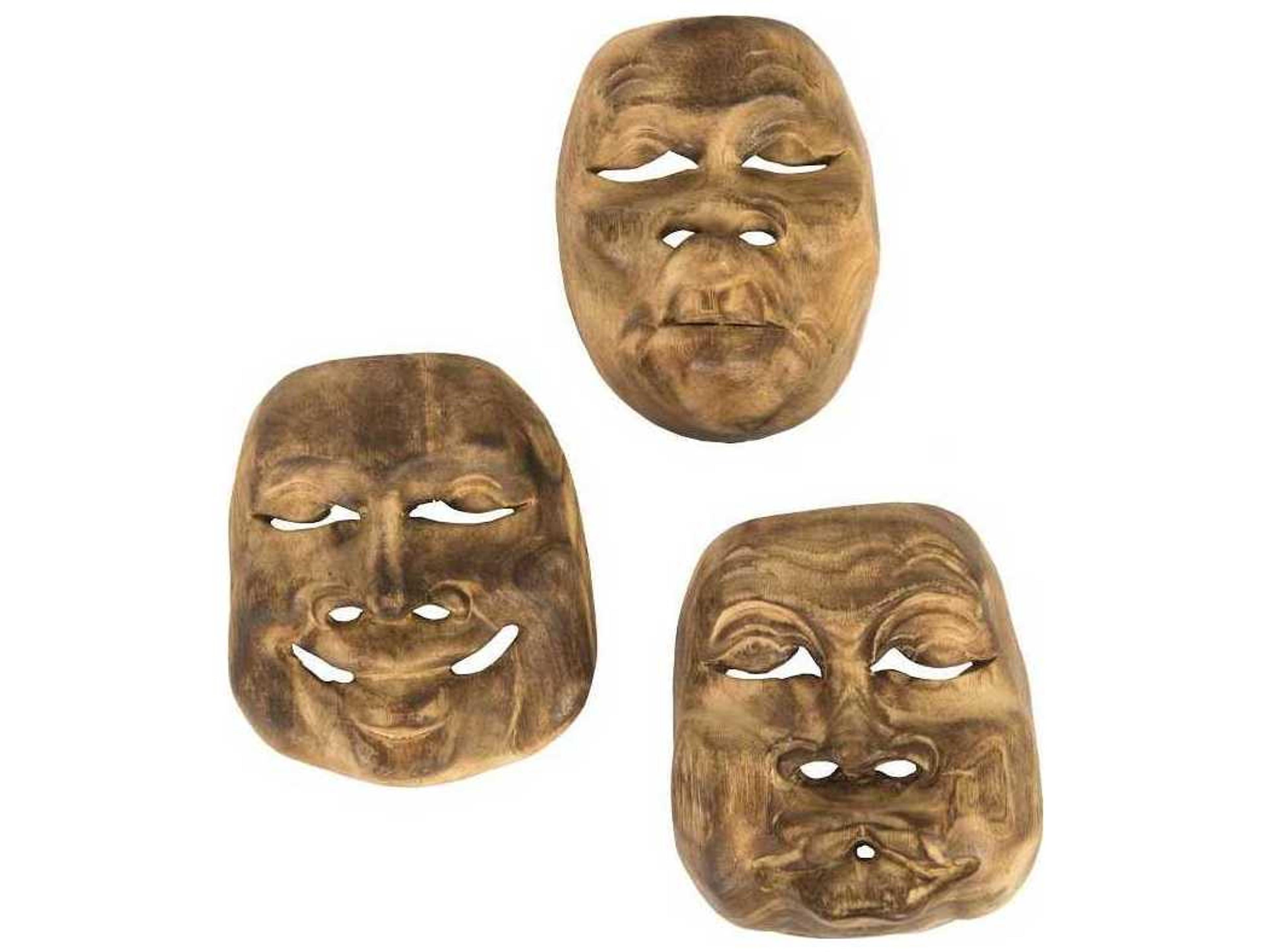 Phillips Collection Teak Wood Indonesian Masks 3D Wall Art Set of 3
