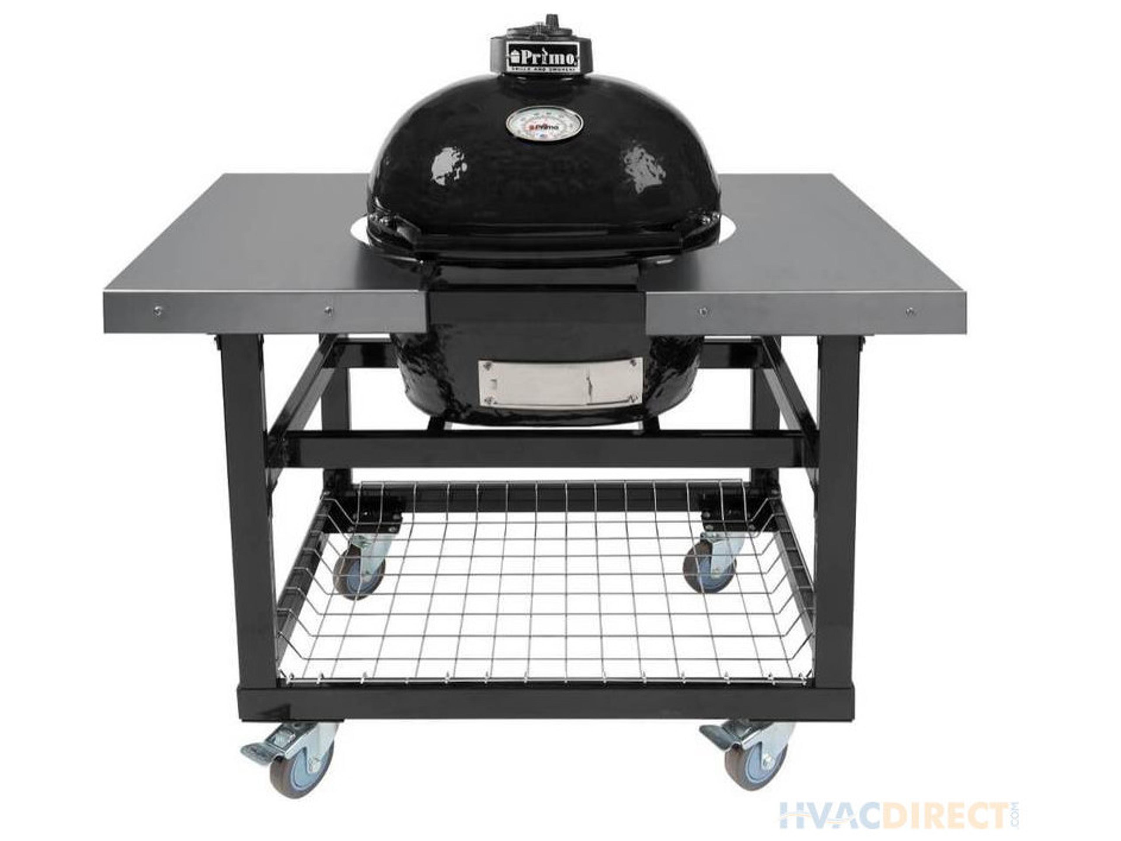 Primo Oval Junior Charcoal Grill with Stainless Steel Cart and Side Shelves