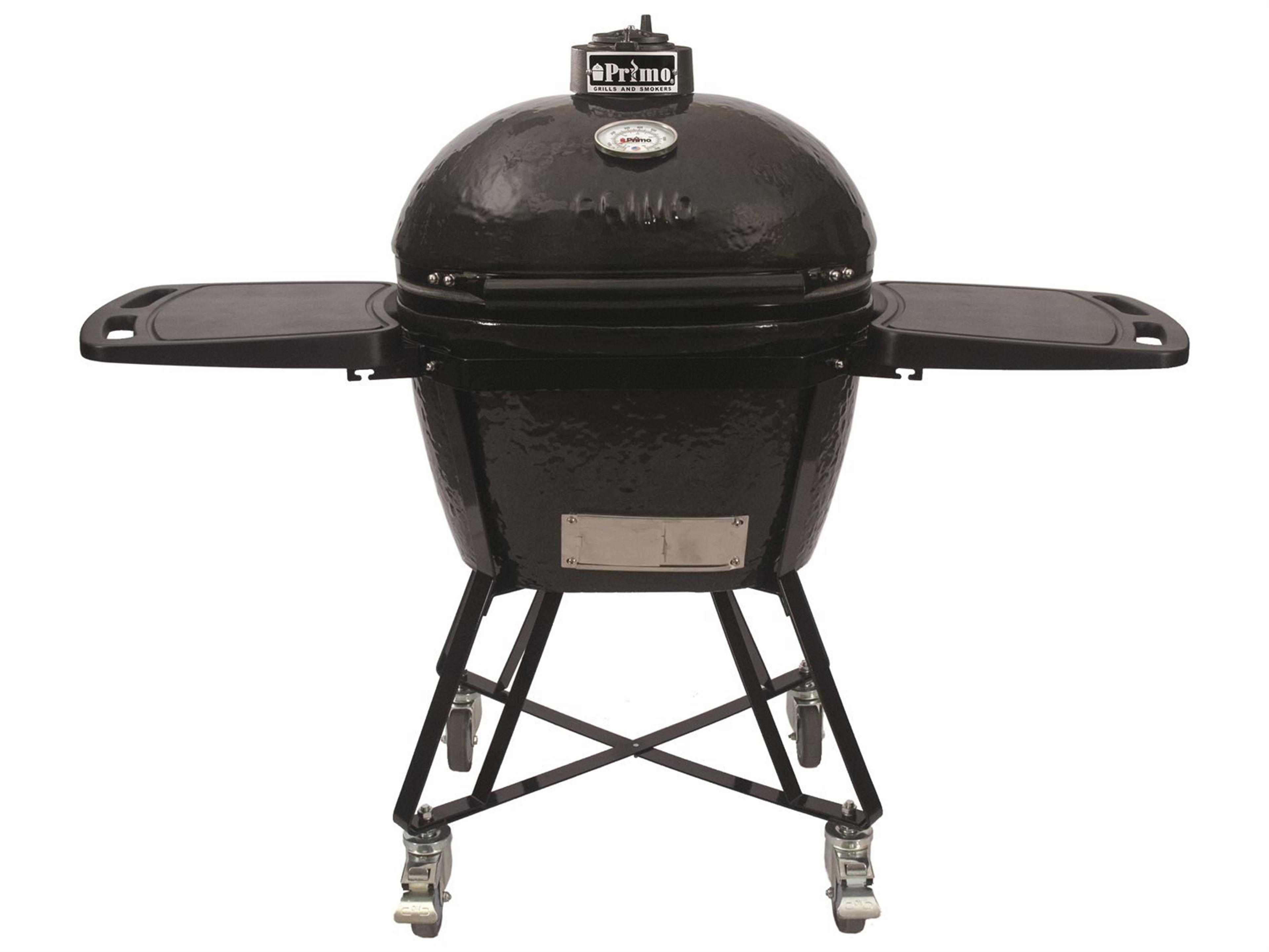 Primo All-In-One Ceramic Oval Large Charcoal Grill with Cradle | Side Shelves | and Stainless Steel Grates