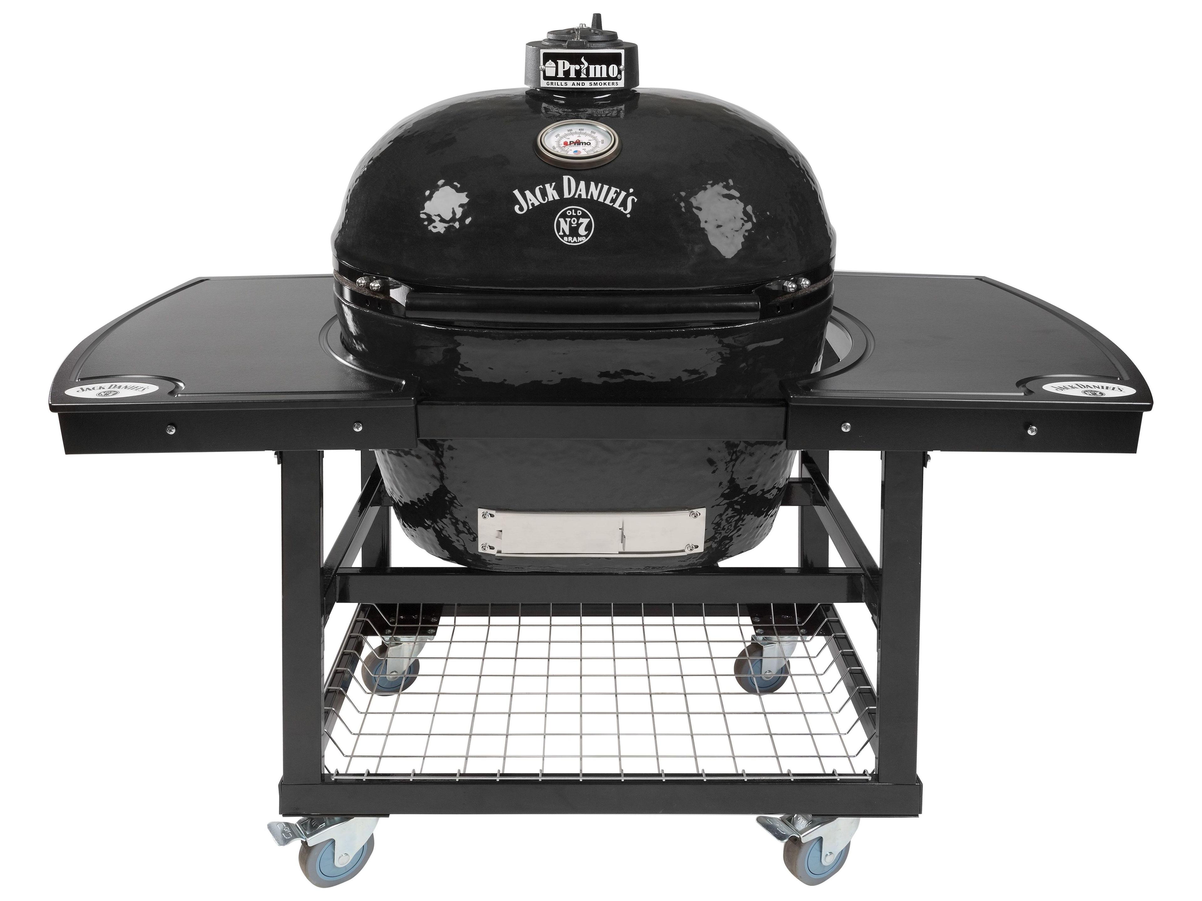 Primo Oval XL Jack Daniels Edition Charcoal Grill with Cart and Jack Daniels Island Top