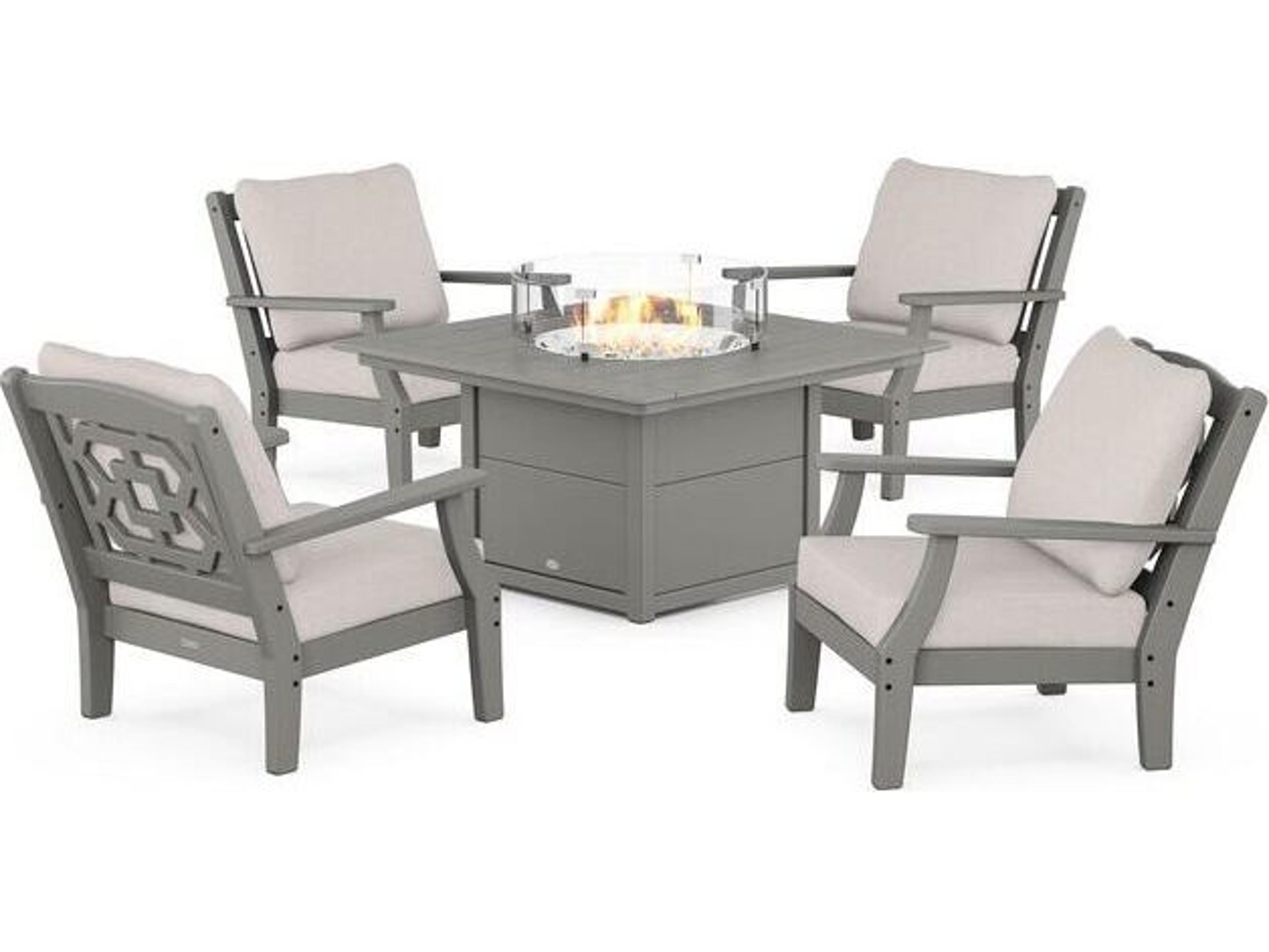 POLYWOOD® Martha Stewart Chinoiserie 5-Piece Deep Seating Set with Fire Pit Table